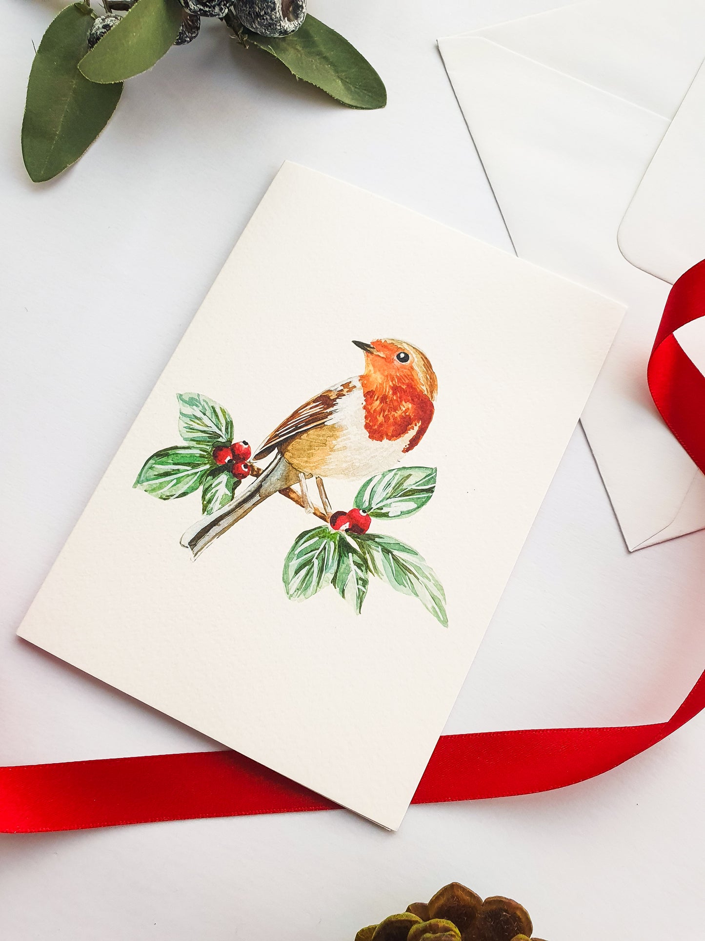 Robin Christmas Greetings Card - Illustrated Watercolour Artwork