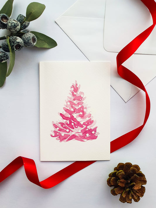 Pink Christmas Tree Greetings Card - Illustrated Watercolour Artwork