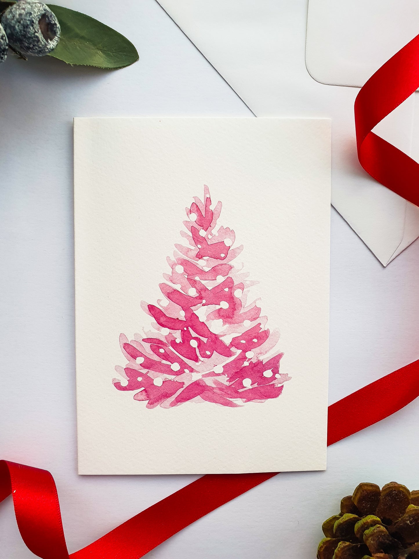 Pink Christmas Tree Greetings Card - Illustrated Watercolour Artwork