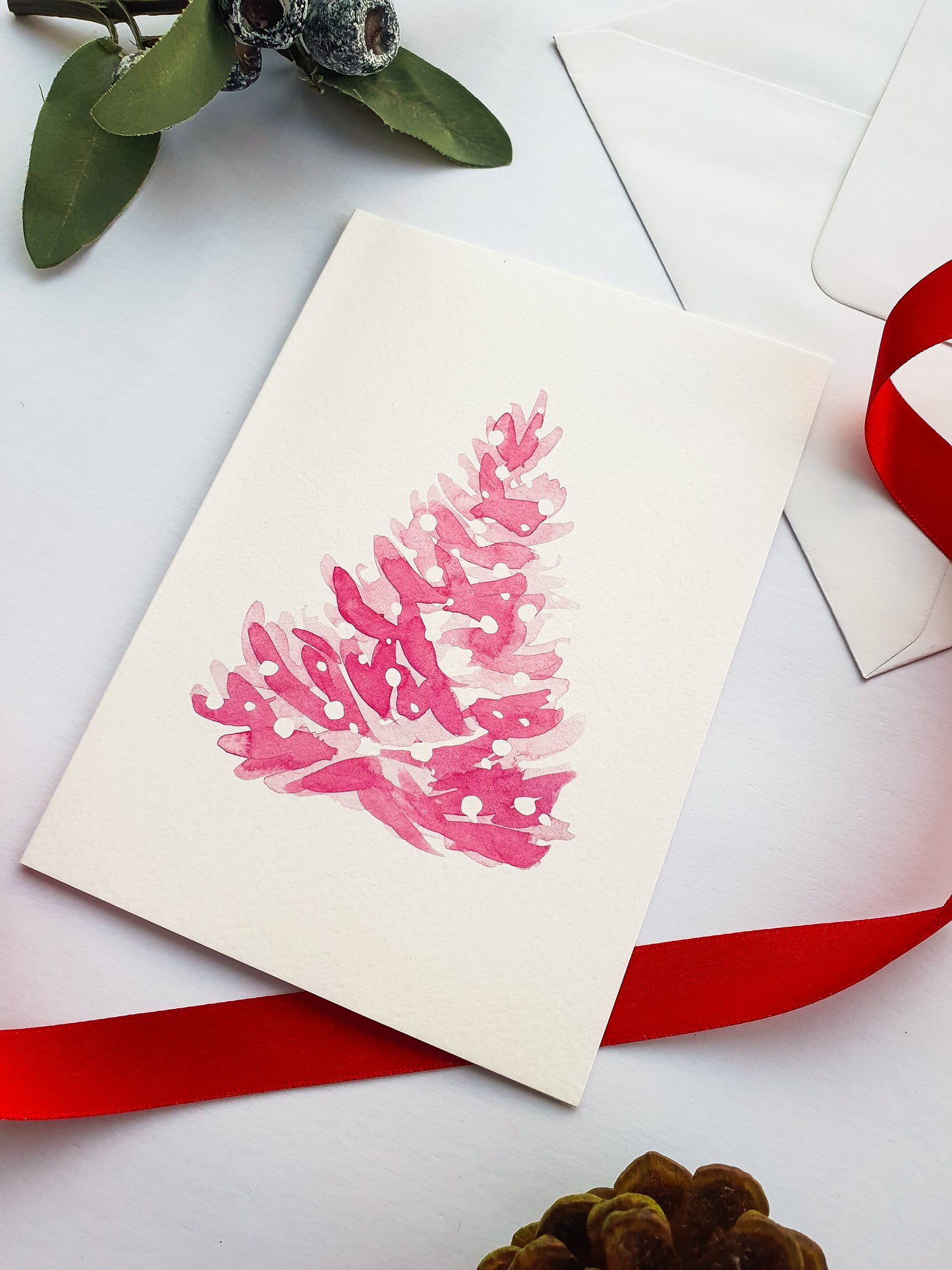 Pink Christmas Tree Greetings Card - Illustrated Watercolour Artwork