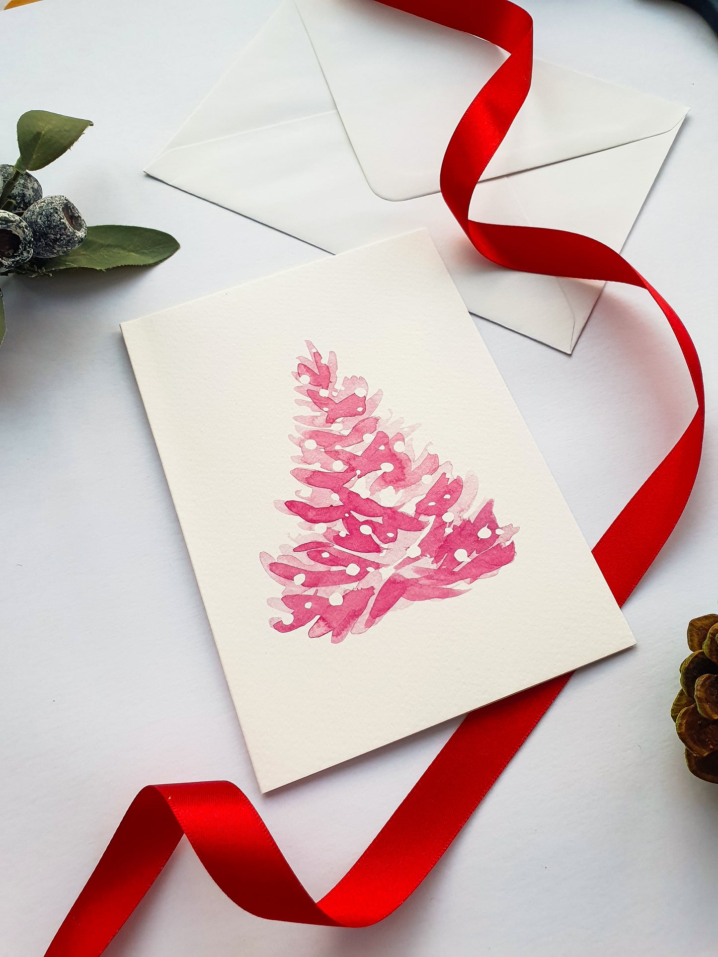 Pink Christmas Tree Greetings Card - Illustrated Watercolour Artwork