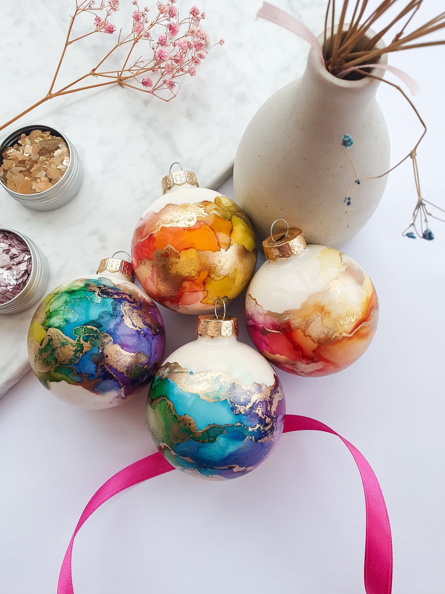 A Set of Four Ivory Rainbow & Gold Glass Baubles / Hand Painted With Alcohol Inks