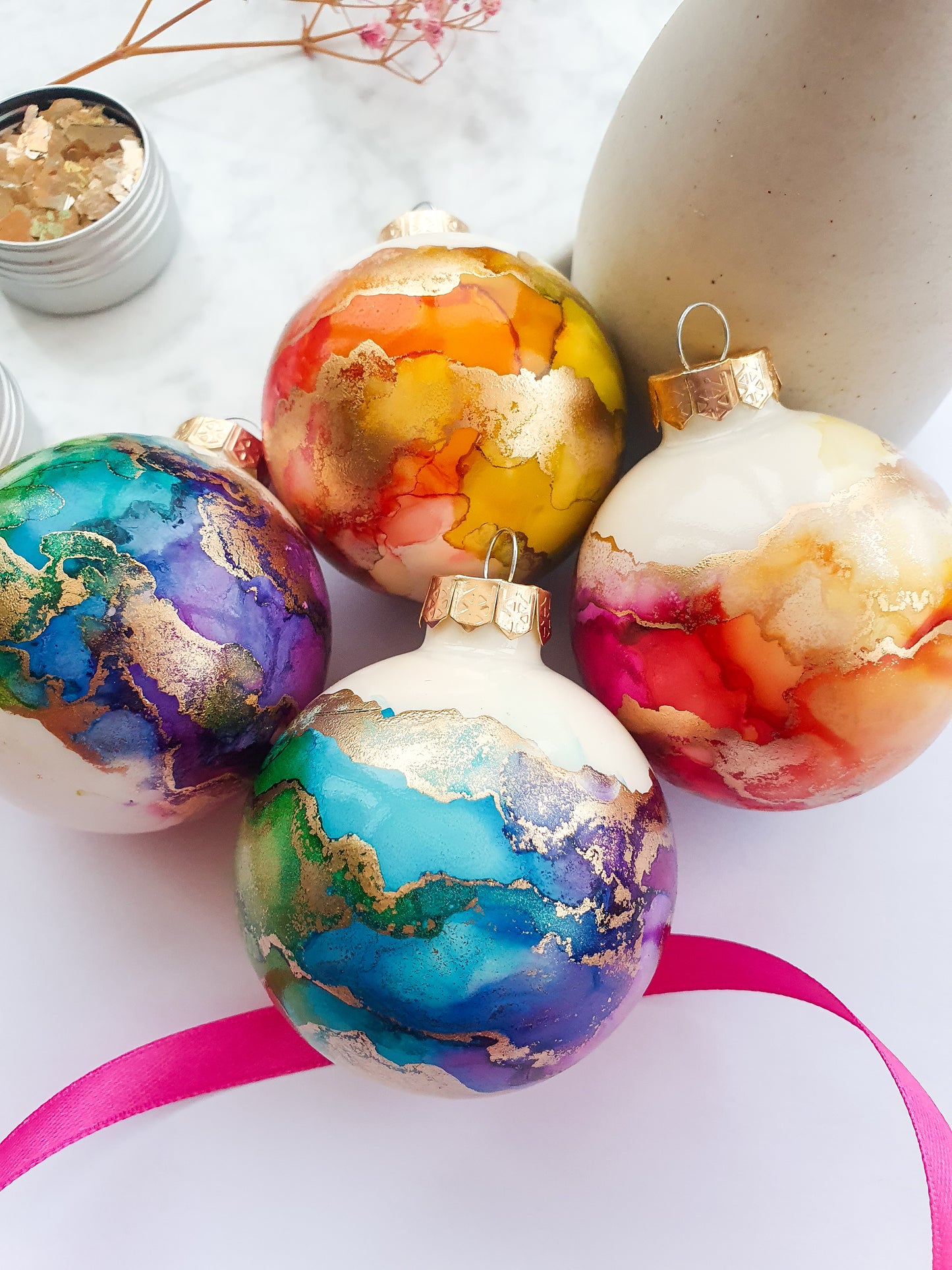 A Set of Four Ivory Rainbow & Gold Glass Baubles / Hand Painted With Alcohol Inks