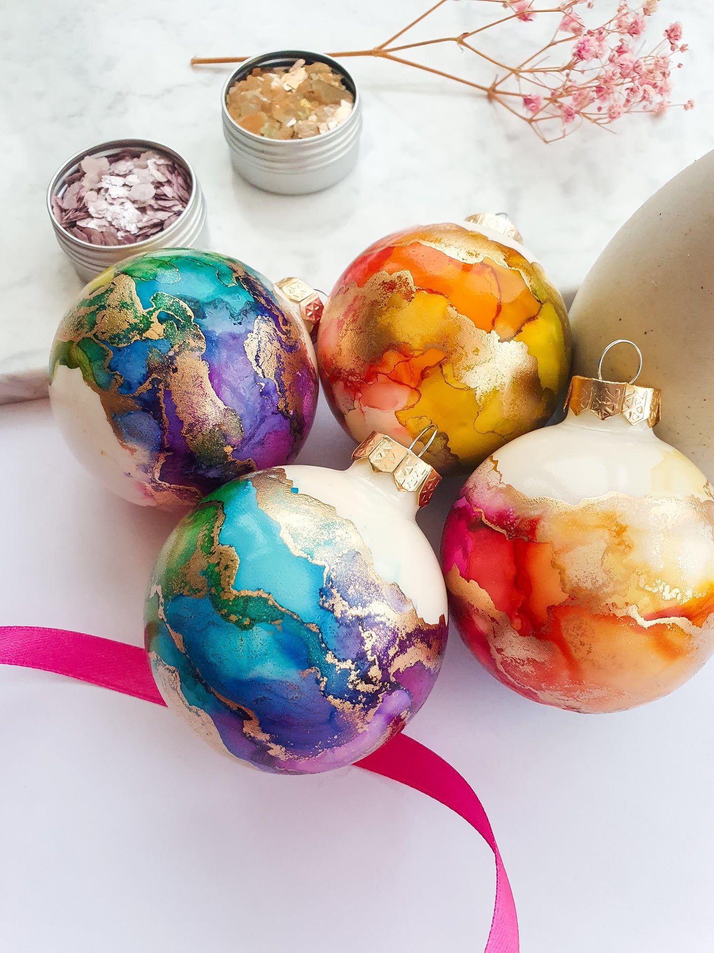 A Set of Four Ivory Rainbow & Gold Glass Baubles / Hand Painted With Alcohol Inks