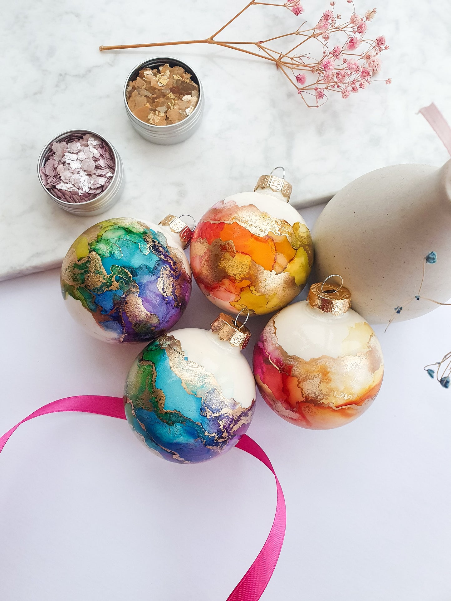 A Set of Four Ivory Rainbow & Gold Glass Baubles / Hand Painted With Alcohol Inks