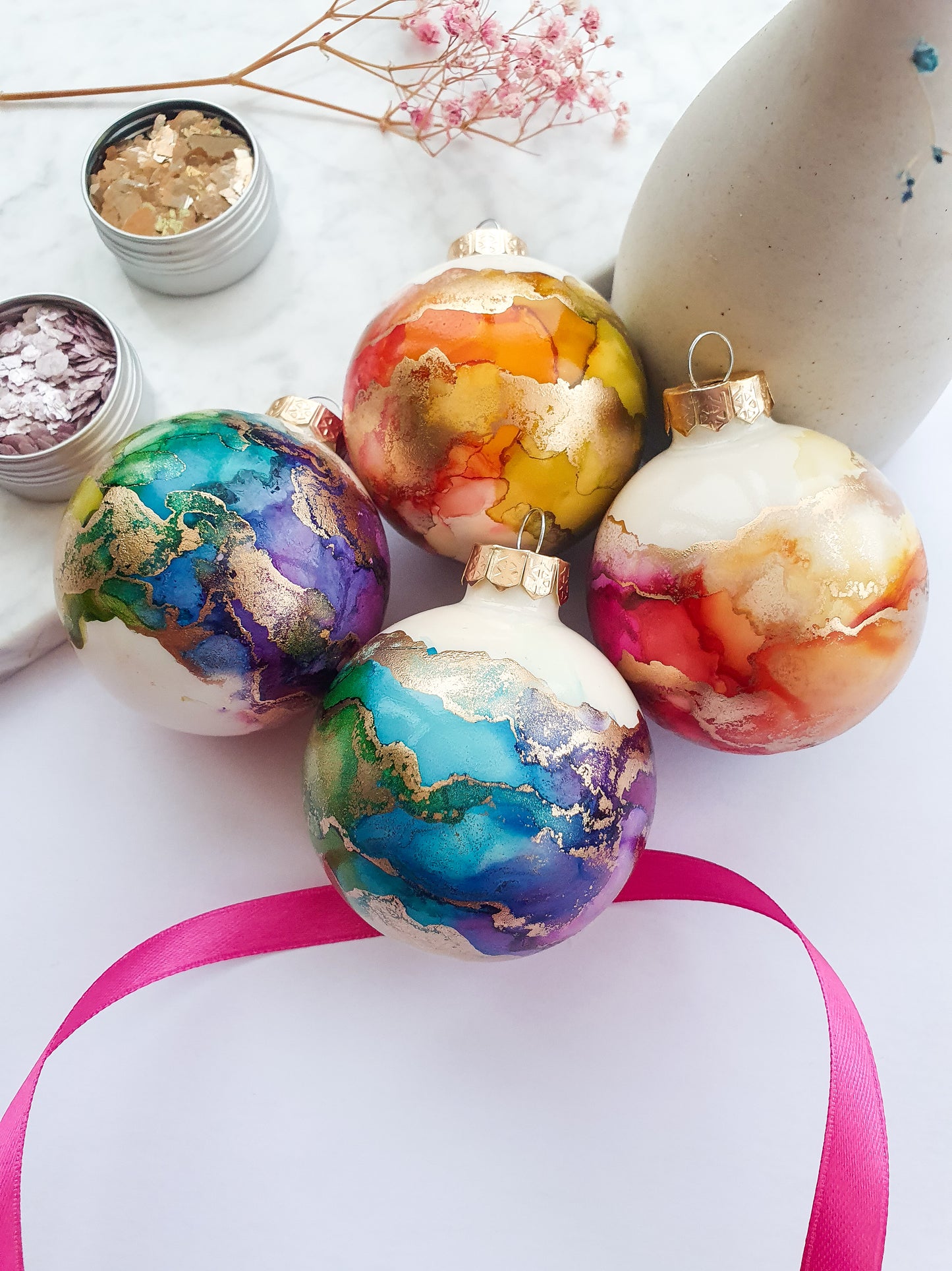 A Set of Four Ivory Rainbow & Gold Glass Baubles / Hand Painted With Alcohol Inks