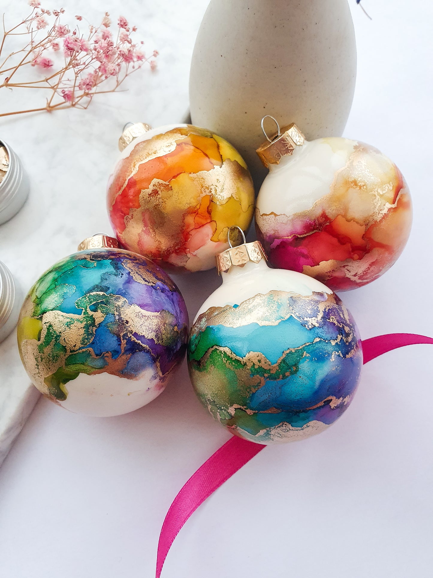 A Set of Four Ivory Rainbow & Gold Glass Baubles / Hand Painted With Alcohol Inks