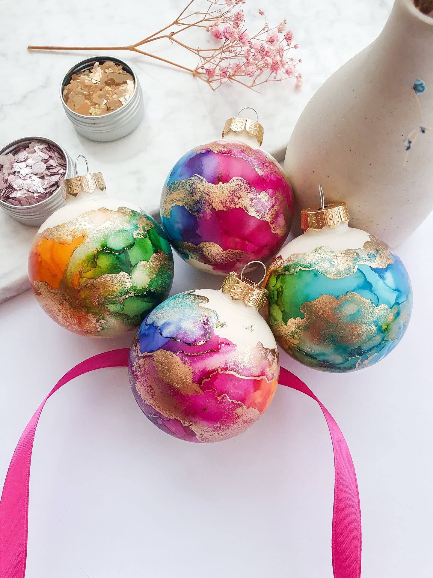 A Set of Four Ivory Rainbow & Gold Glass Baubles / Hand Painted With Alcohol Inks