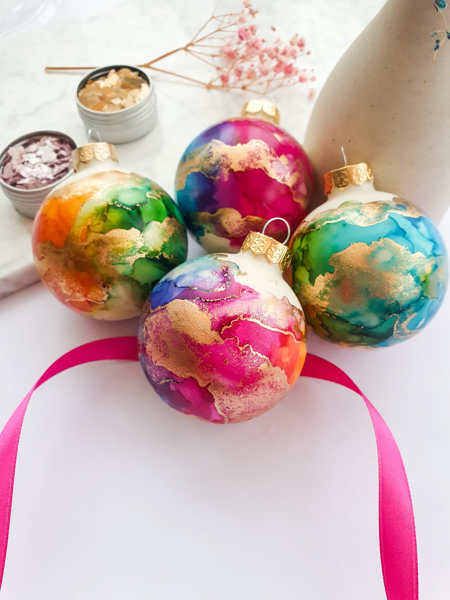 A Set of Four Ivory Rainbow & Gold Glass Baubles / Hand Painted With Alcohol Inks