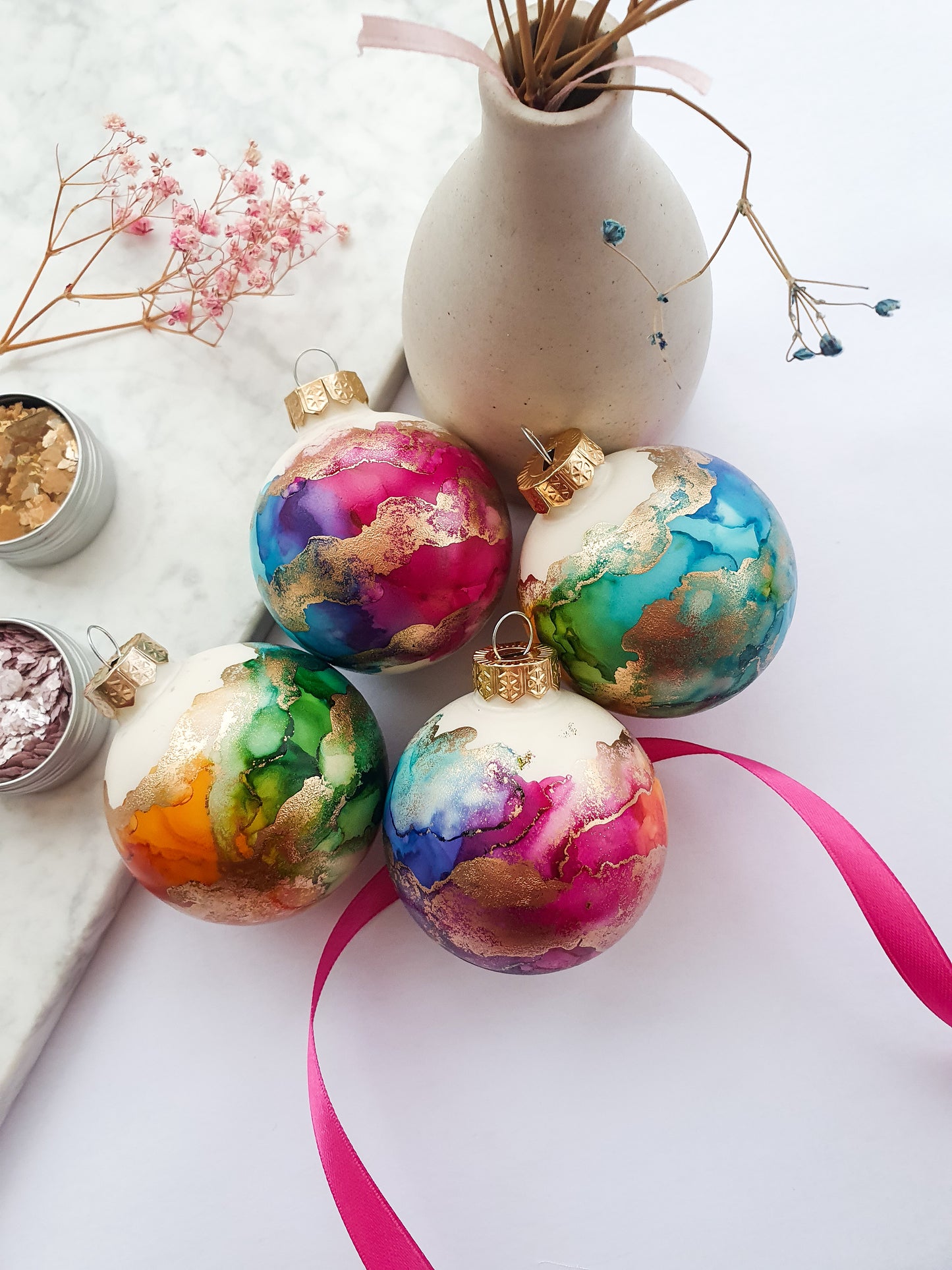 A Set of Four Ivory Rainbow & Gold Glass Baubles / Hand Painted With Alcohol Inks