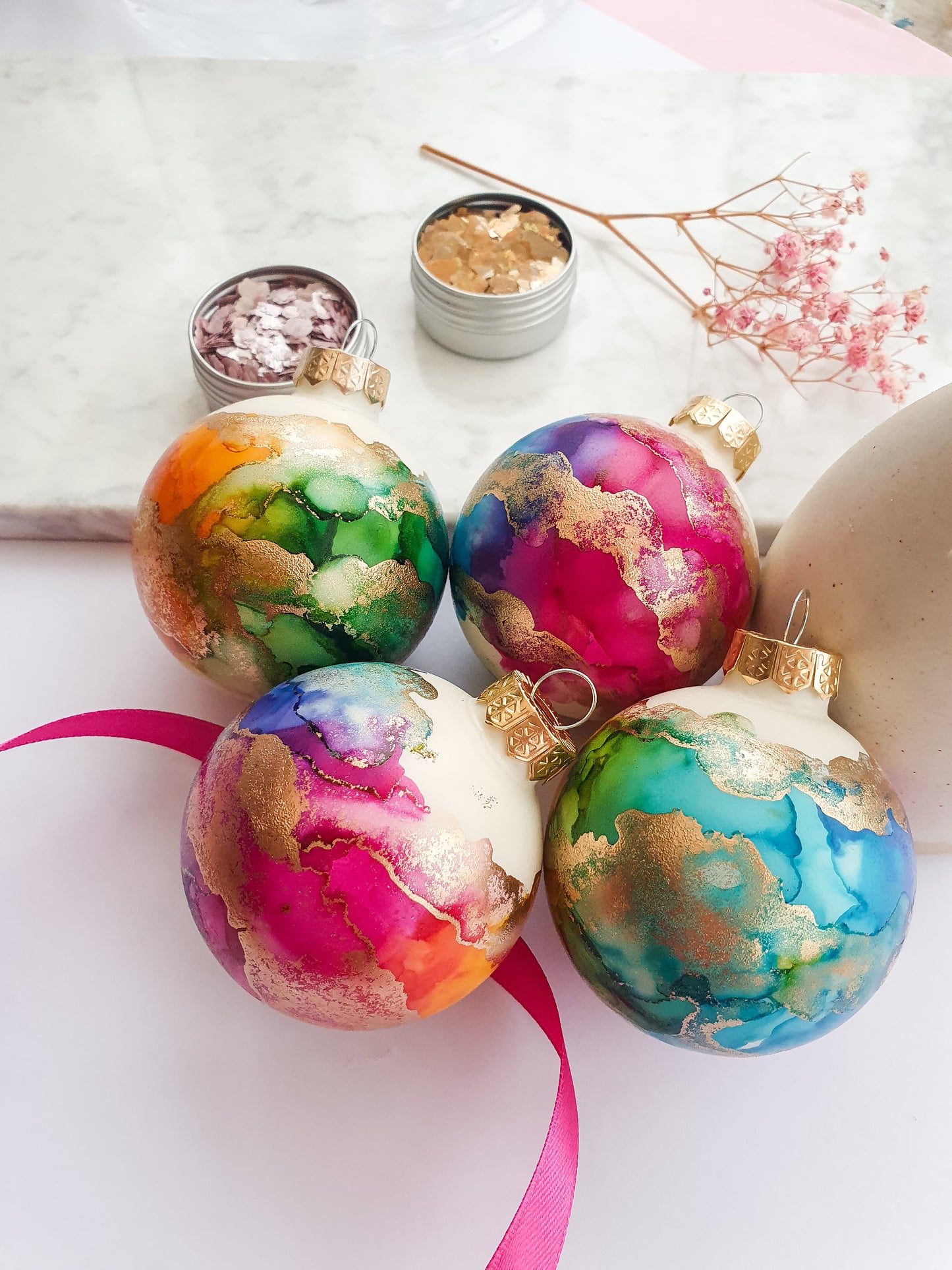 A Set of Four Ivory Rainbow & Gold Glass Baubles / Hand Painted With Alcohol Inks