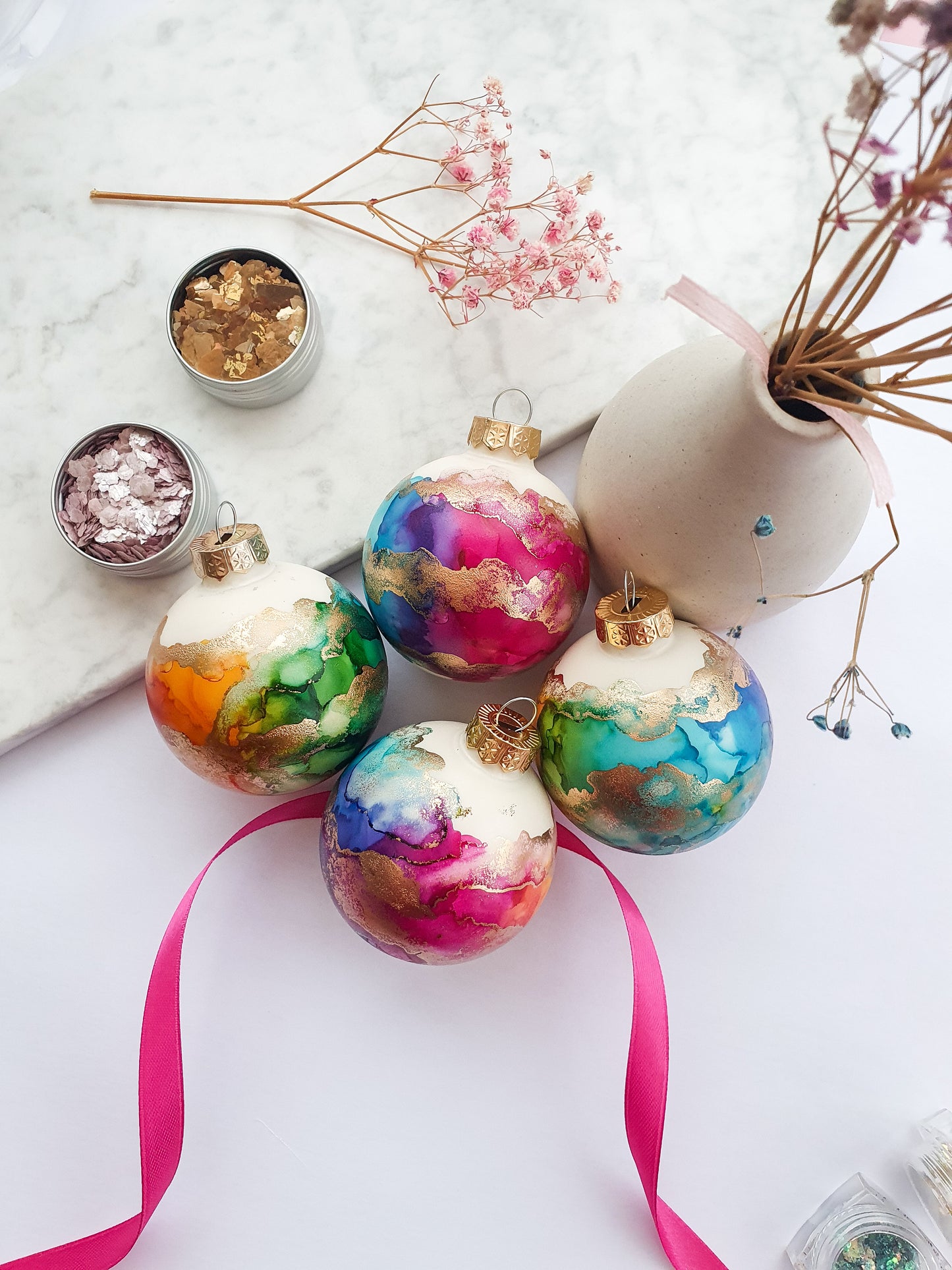 A Set of Four Ivory Rainbow & Gold Glass Baubles / Hand Painted With Alcohol Inks