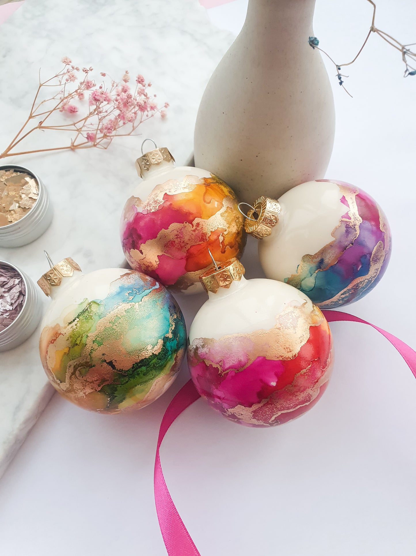 A Set of Four Ivory Rainbow & Gold Glass Baubles / Hand Painted With Alcohol Inks