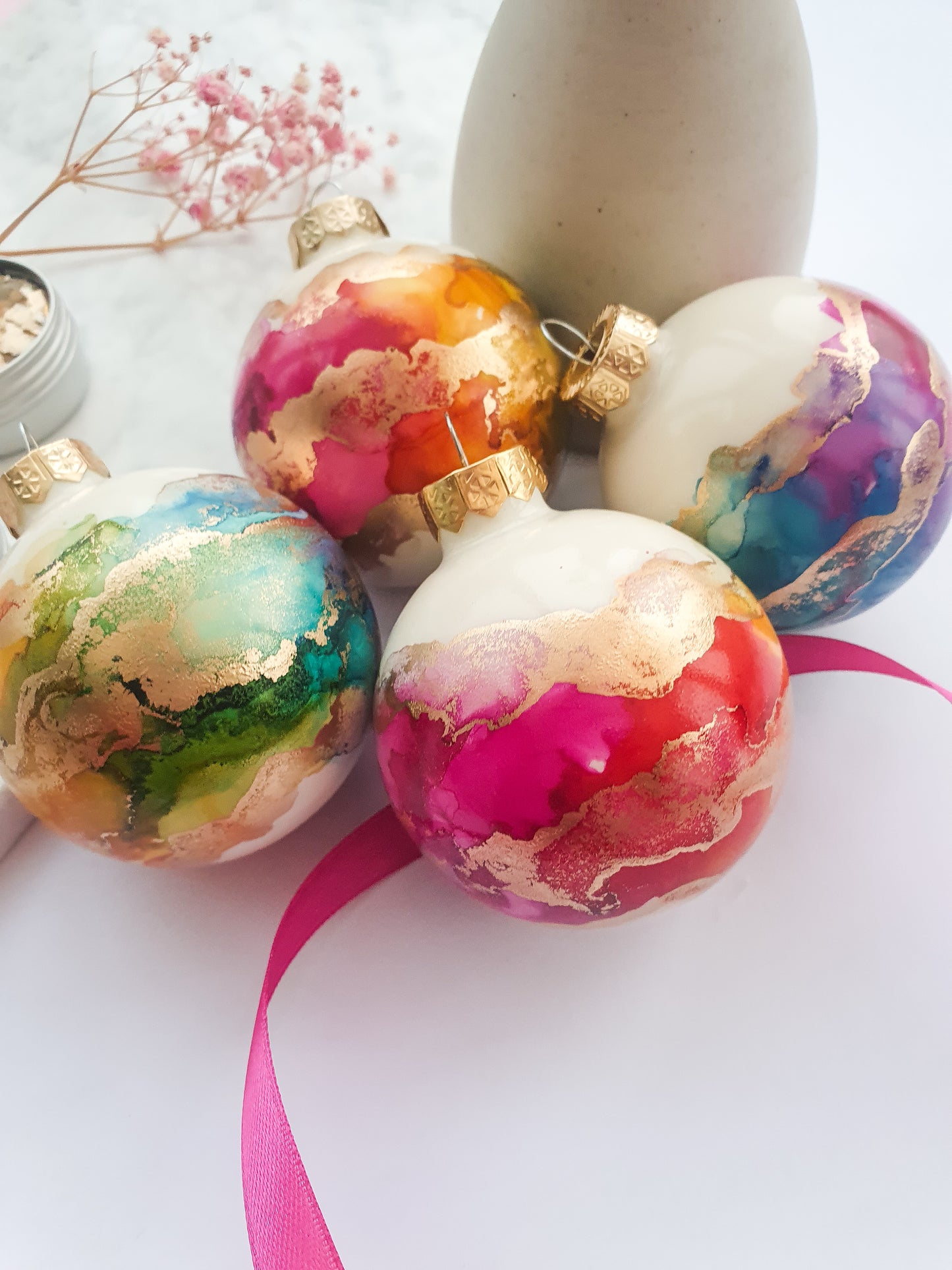 A Set of Four Ivory Rainbow & Gold Glass Baubles / Hand Painted With Alcohol Inks