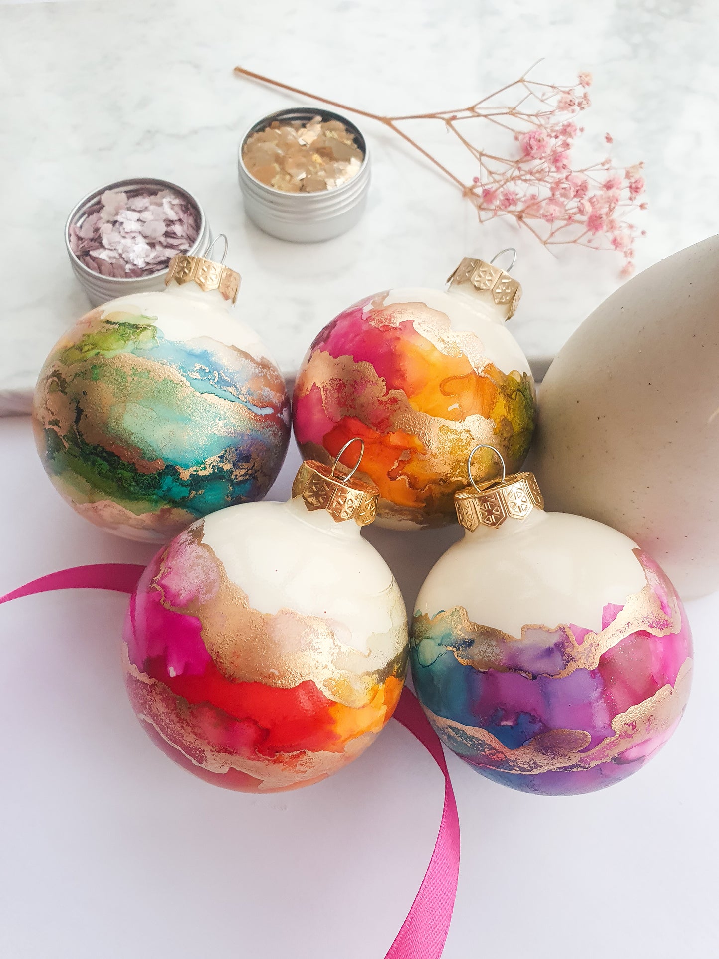 A Set of Four Ivory Rainbow & Gold Glass Baubles / Hand Painted With Alcohol Inks