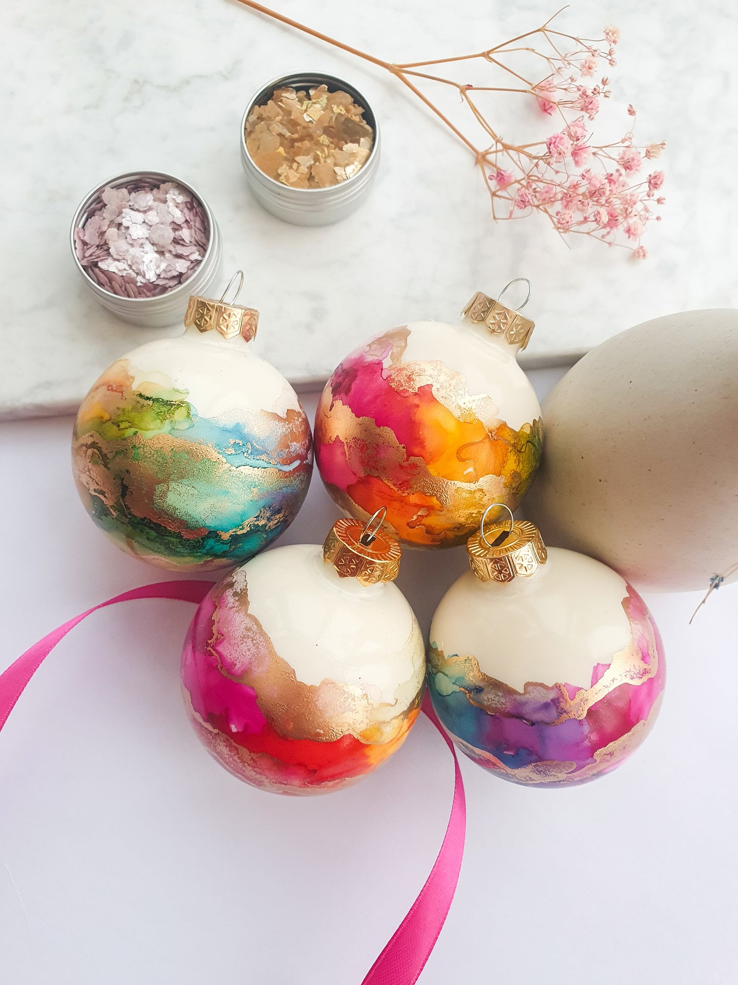 A Set of Four Ivory Rainbow & Gold Glass Baubles / Hand Painted With Alcohol Inks