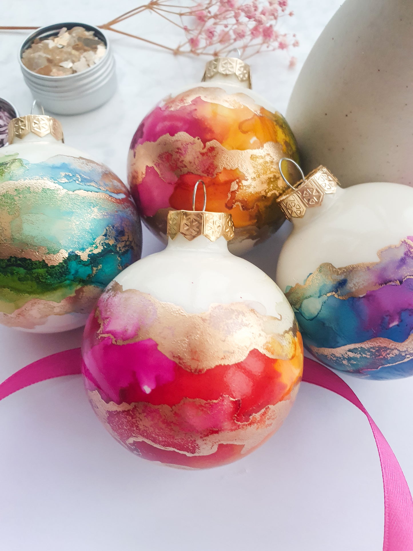 A Set of Four Ivory Rainbow & Gold Glass Baubles / Hand Painted With Alcohol Inks