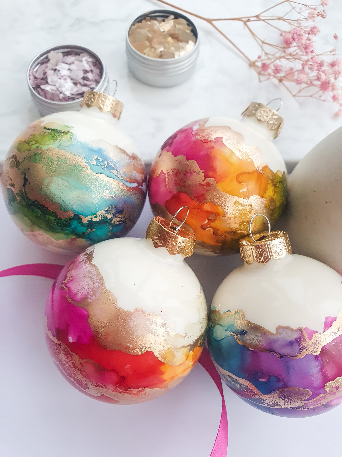 A Set of Four Ivory Rainbow & Gold Glass Baubles / Hand Painted With Alcohol Inks