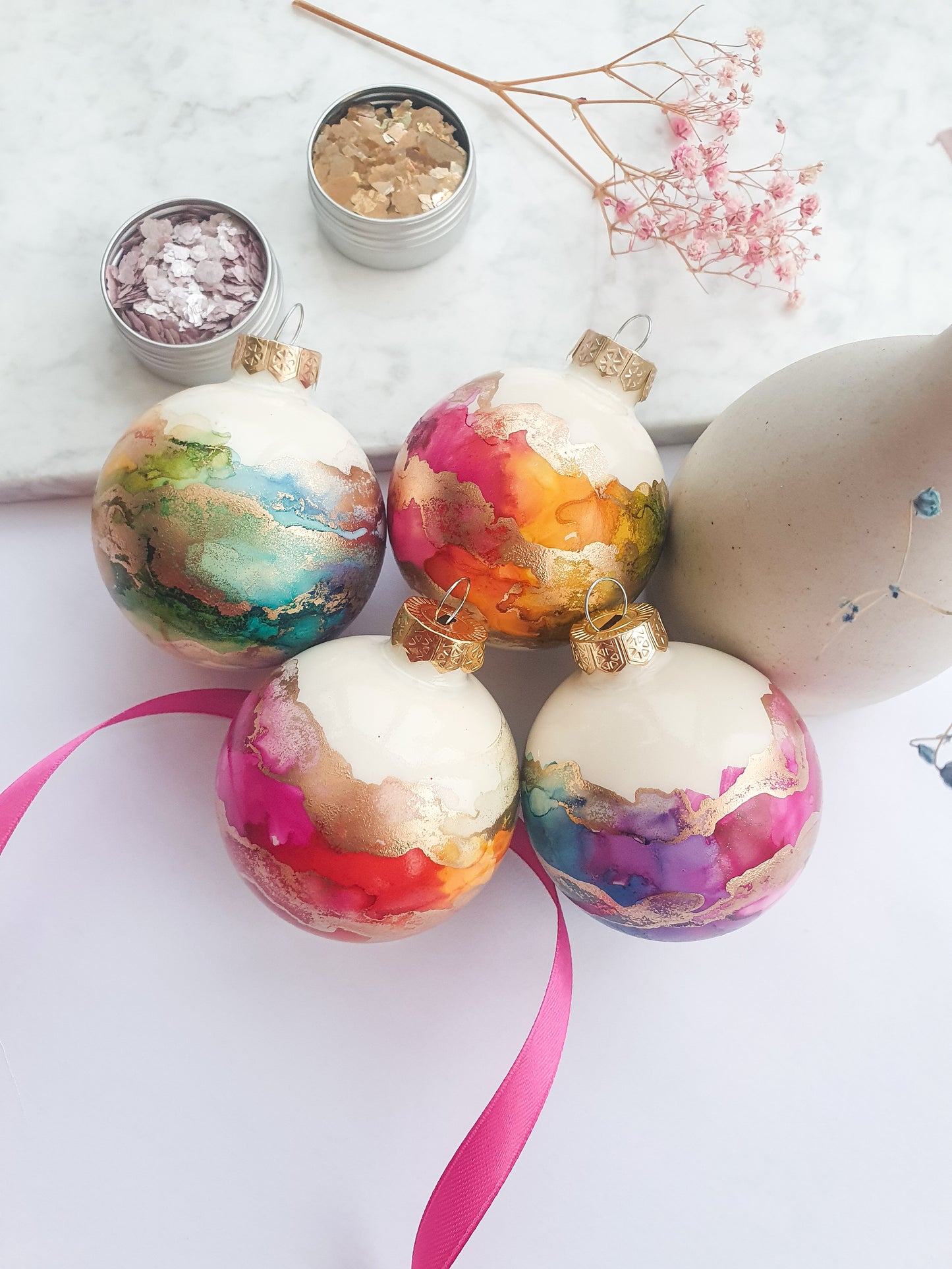 A Set of Four Ivory Rainbow & Gold Glass Baubles / Hand Painted With Alcohol Inks