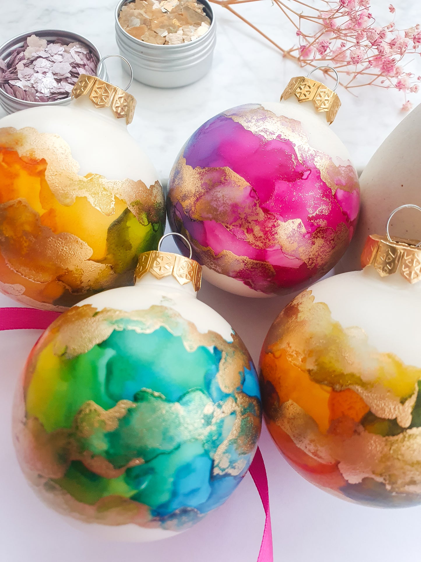 A Set of Four Ivory Rainbow & Gold Glass Baubles / Hand Painted With Alcohol Inks