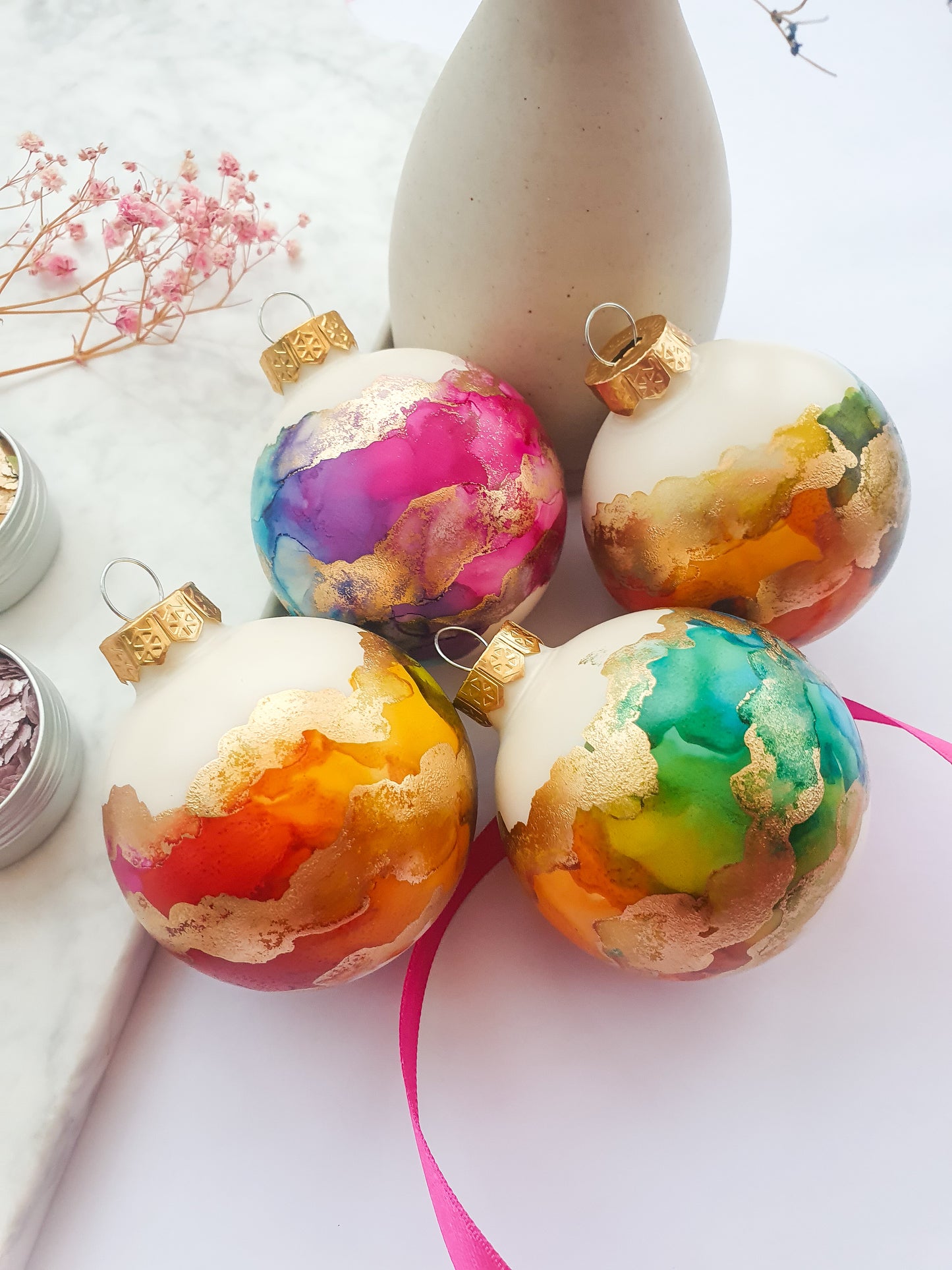 A Set of Four Ivory Rainbow & Gold Glass Baubles / Hand Painted With Alcohol Inks