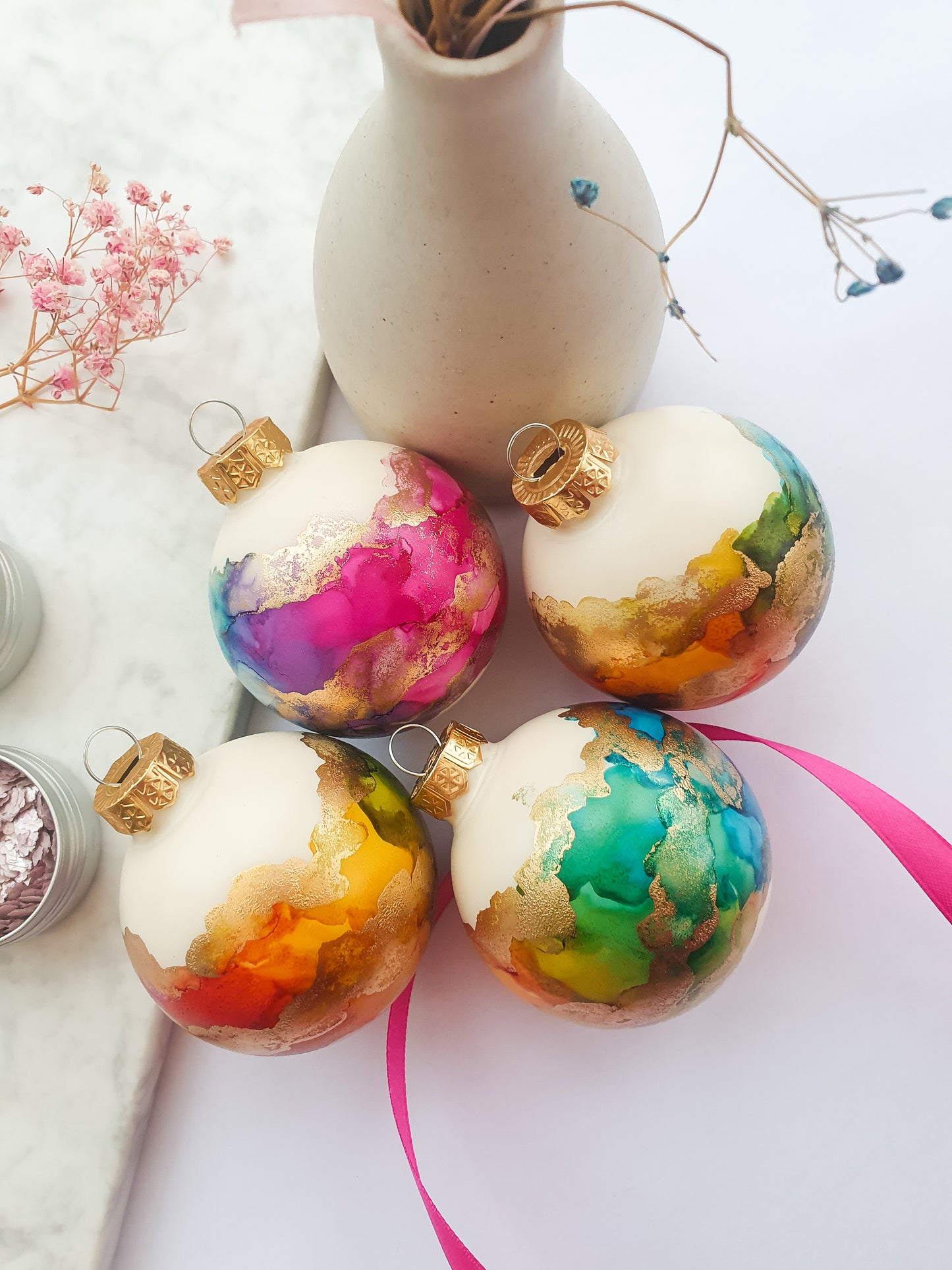 A Set of Four Ivory Rainbow & Gold Glass Baubles / Hand Painted With Alcohol Inks