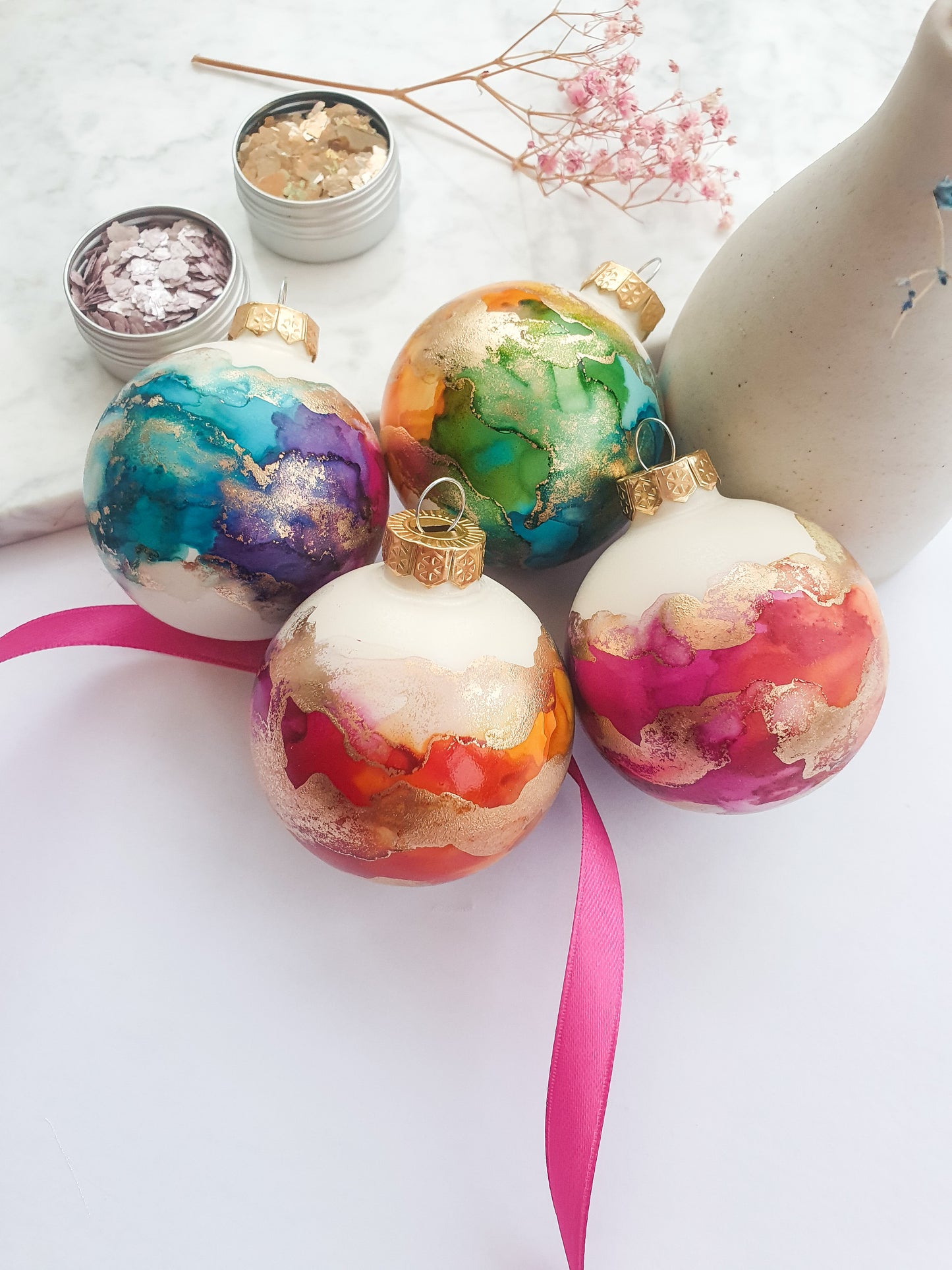 A Set of Four Ivory Rainbow & Gold Glass Baubles / Hand Painted With Alcohol Inks