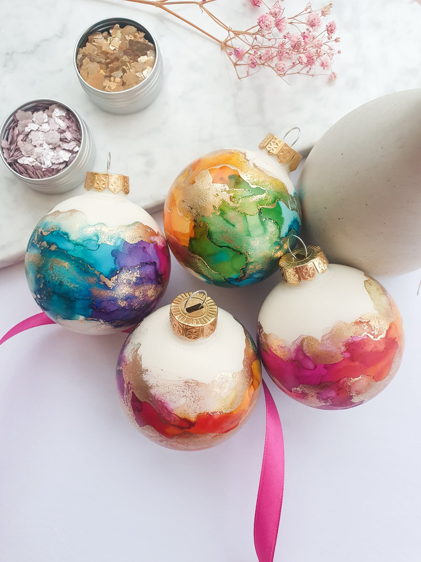 A Set of Four Ivory Rainbow & Gold Glass Baubles / Hand Painted With Alcohol Inks