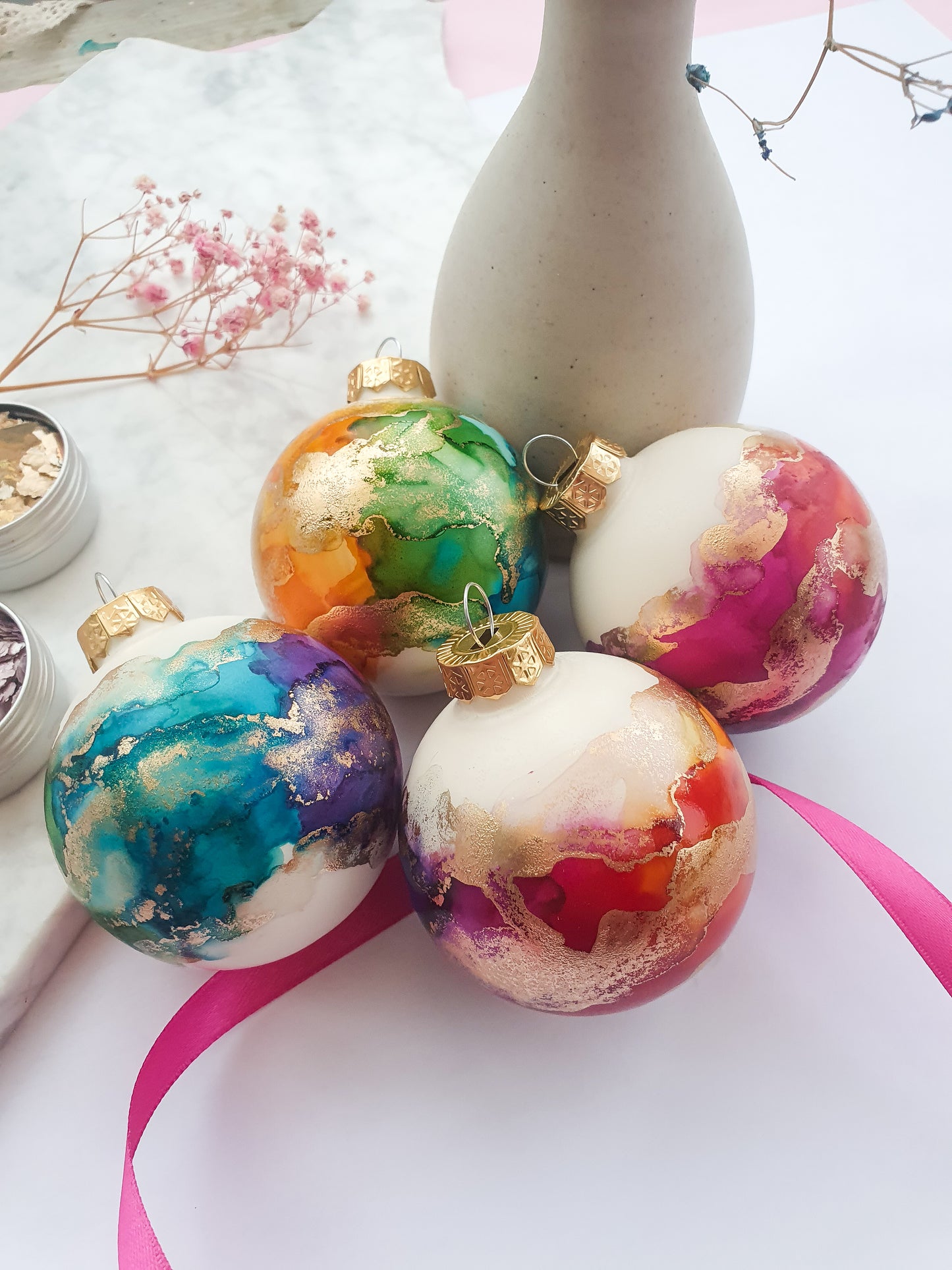 A Set of Four Ivory Rainbow & Gold Glass Baubles / Hand Painted With Alcohol Inks