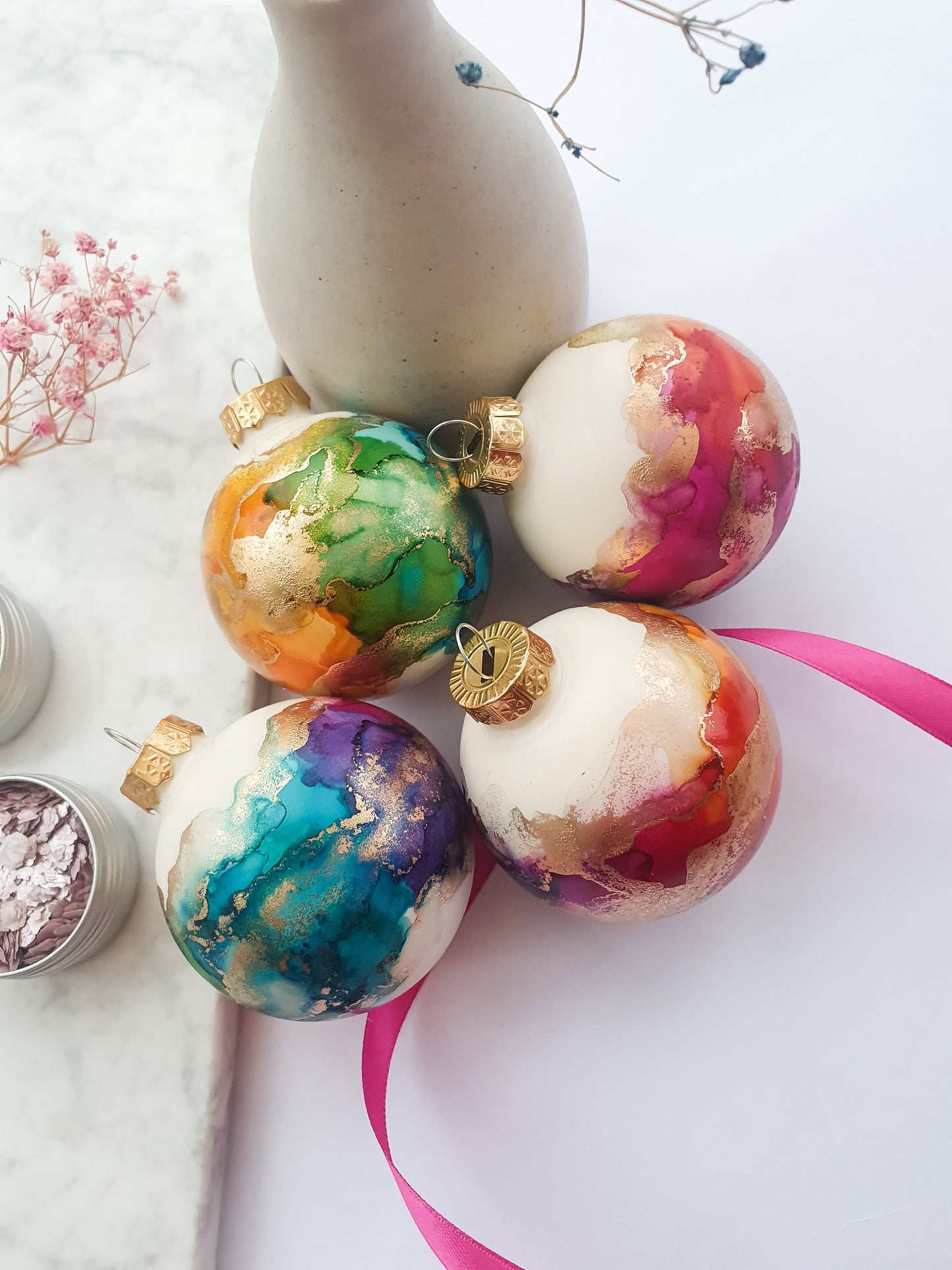 A Set of Four Ivory Rainbow & Gold Glass Baubles / Hand Painted With Alcohol Inks