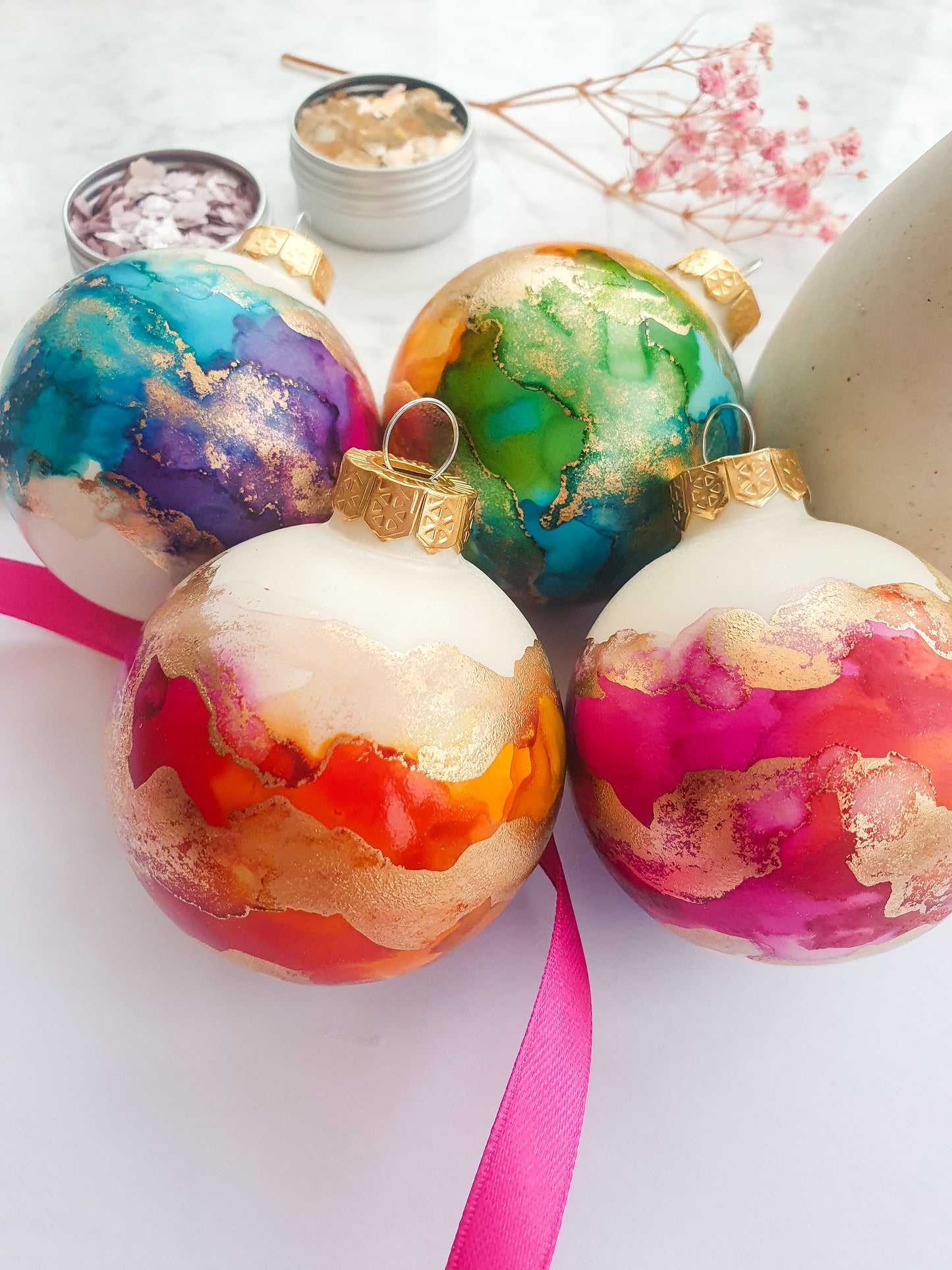 A Set of Four Ivory Rainbow & Gold Glass Baubles / Hand Painted With Alcohol Inks