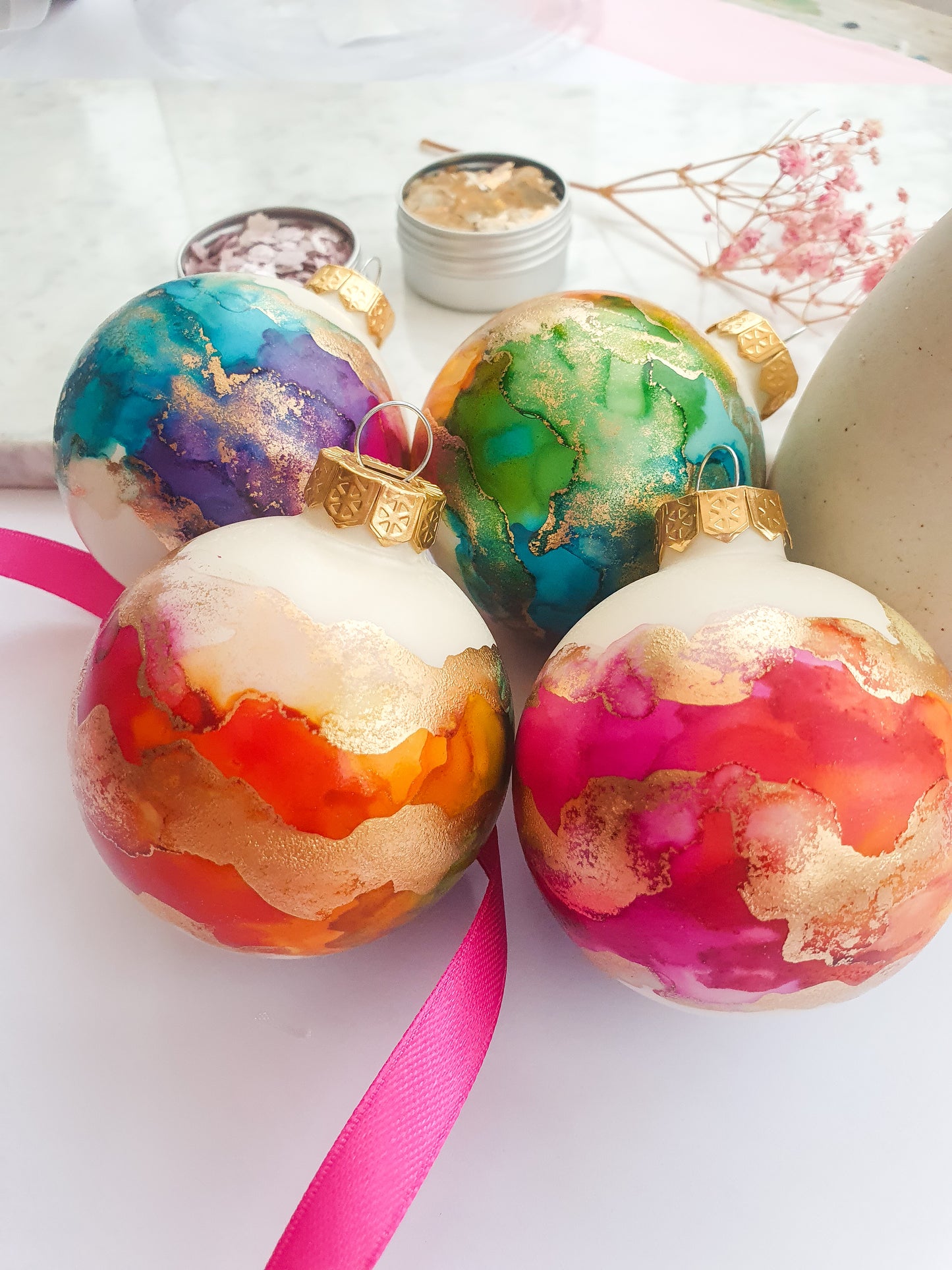 A Set of Four Ivory Rainbow & Gold Glass Baubles / Hand Painted With Alcohol Inks