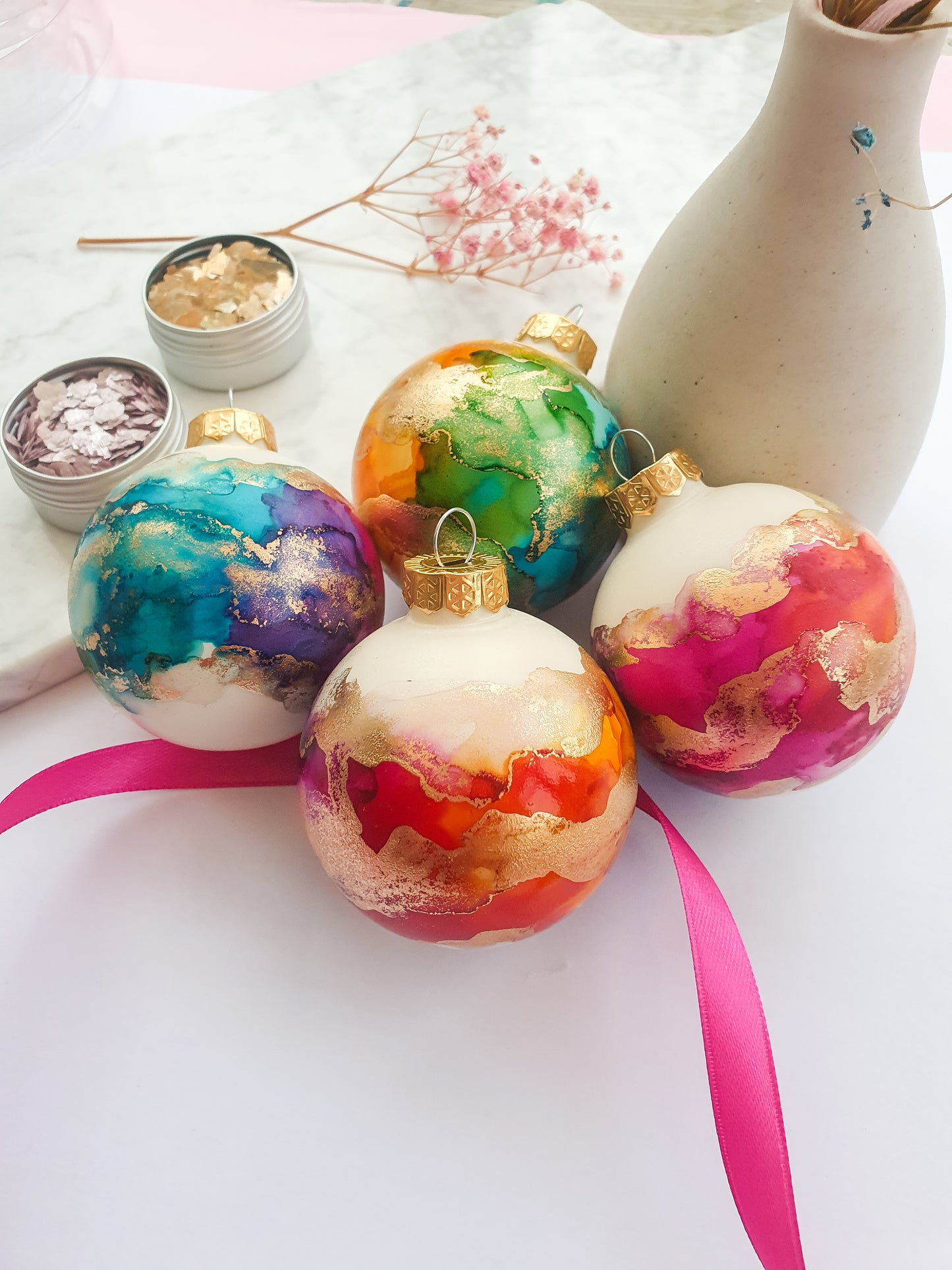 A Set of Four Ivory Rainbow & Gold Glass Baubles / Hand Painted With Alcohol Inks