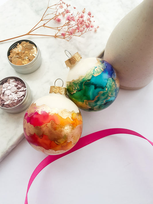 A Set of Two Ivory Rainbow & Gold Glass Baubles / Hand Painted With Alcohol Inks