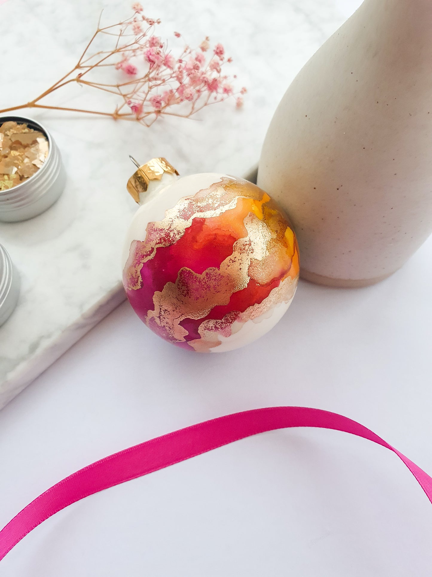 Single Ivory Rainbow & Gold Glass Baubles / Hand Painted With Alcohol Inks