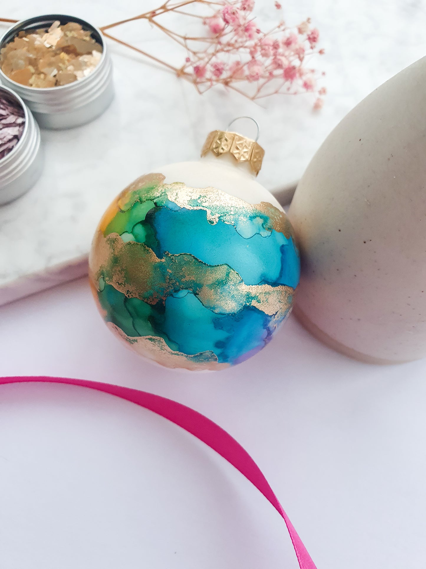 Single Ivory Rainbow & Gold Glass Baubles / Hand Painted With Alcohol Inks