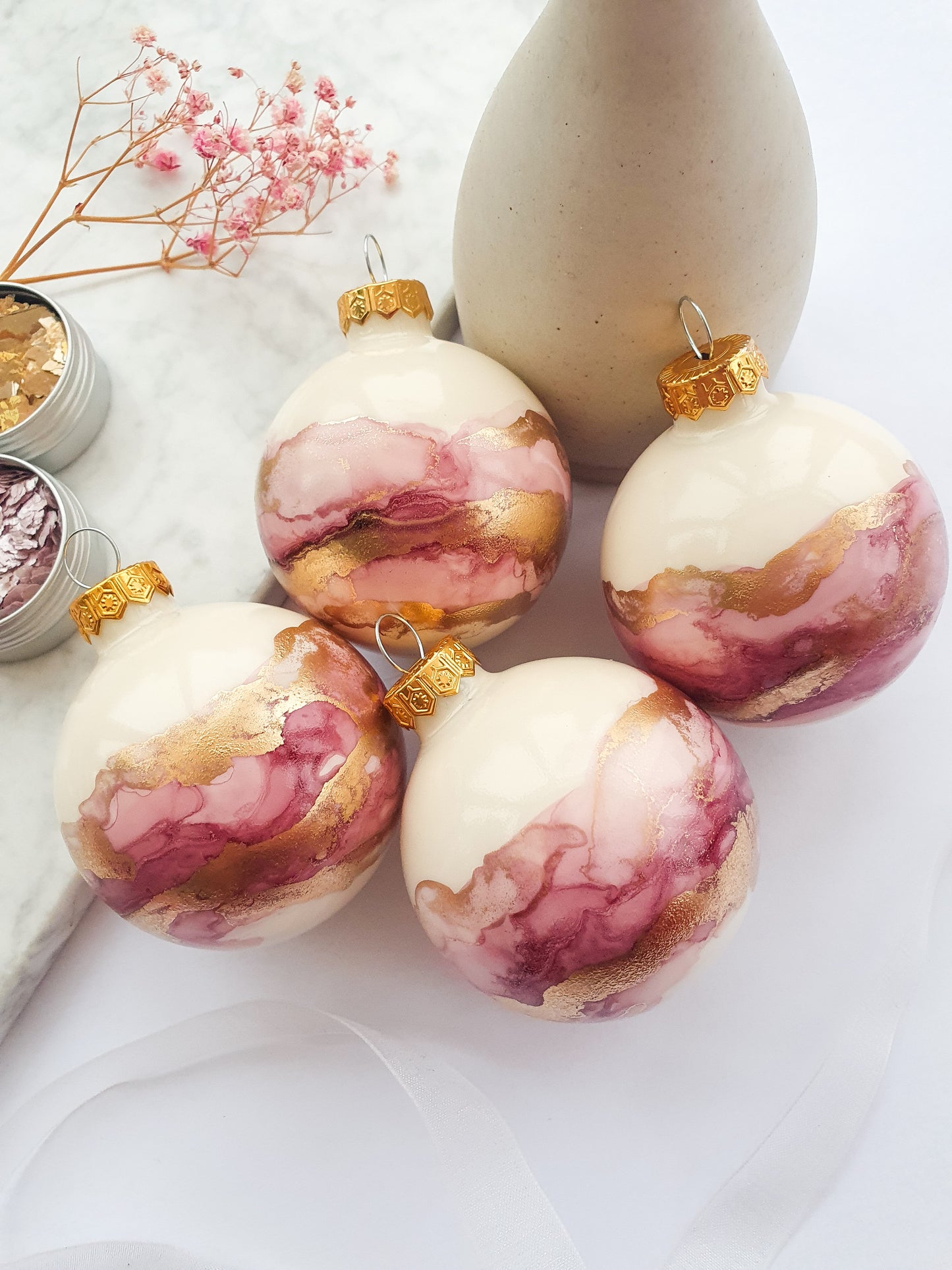 4 Ivory Pink & Gold Glass Baubles / Hand Painted With Alcohol Inks