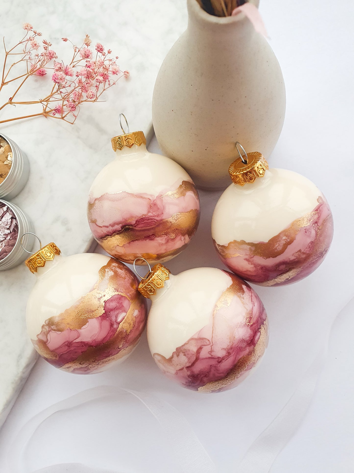 4 Ivory Pink & Gold Glass Baubles / Hand Painted With Alcohol Inks