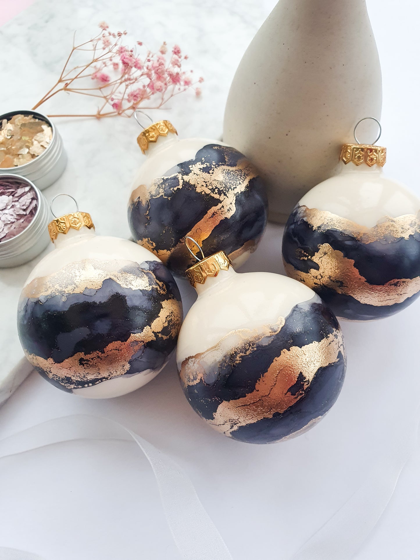 4 Ivory Grey & Gold Glass Baubles / Hand Painted With Alcohol Inks