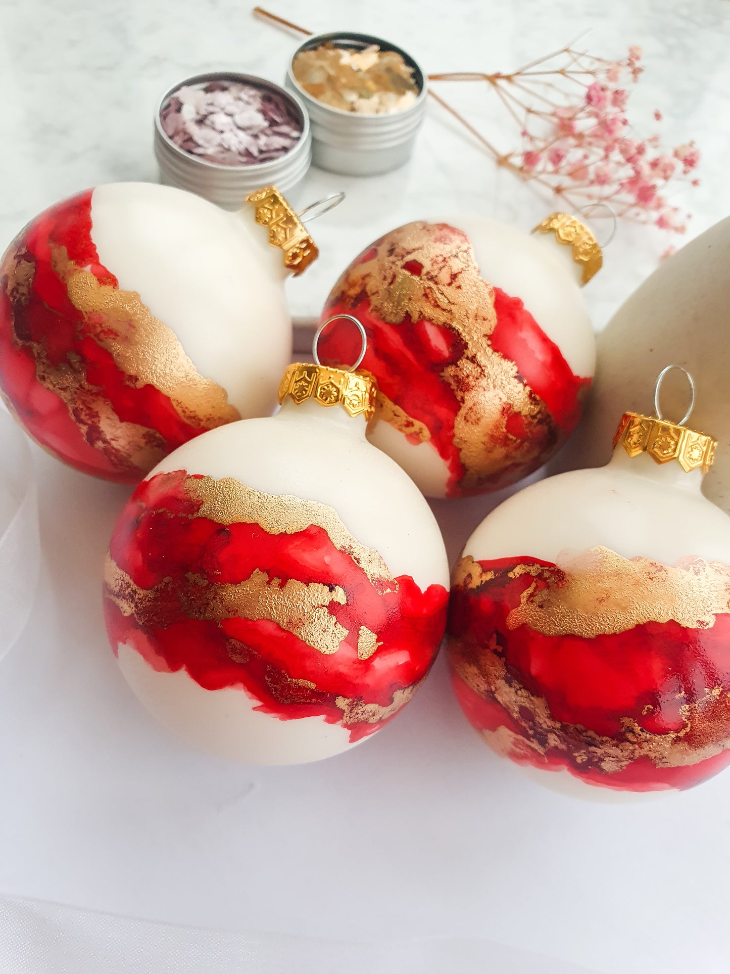 4 Ivory Red & Gold Glass Baubles / Hand Painted With Alcohol Inks