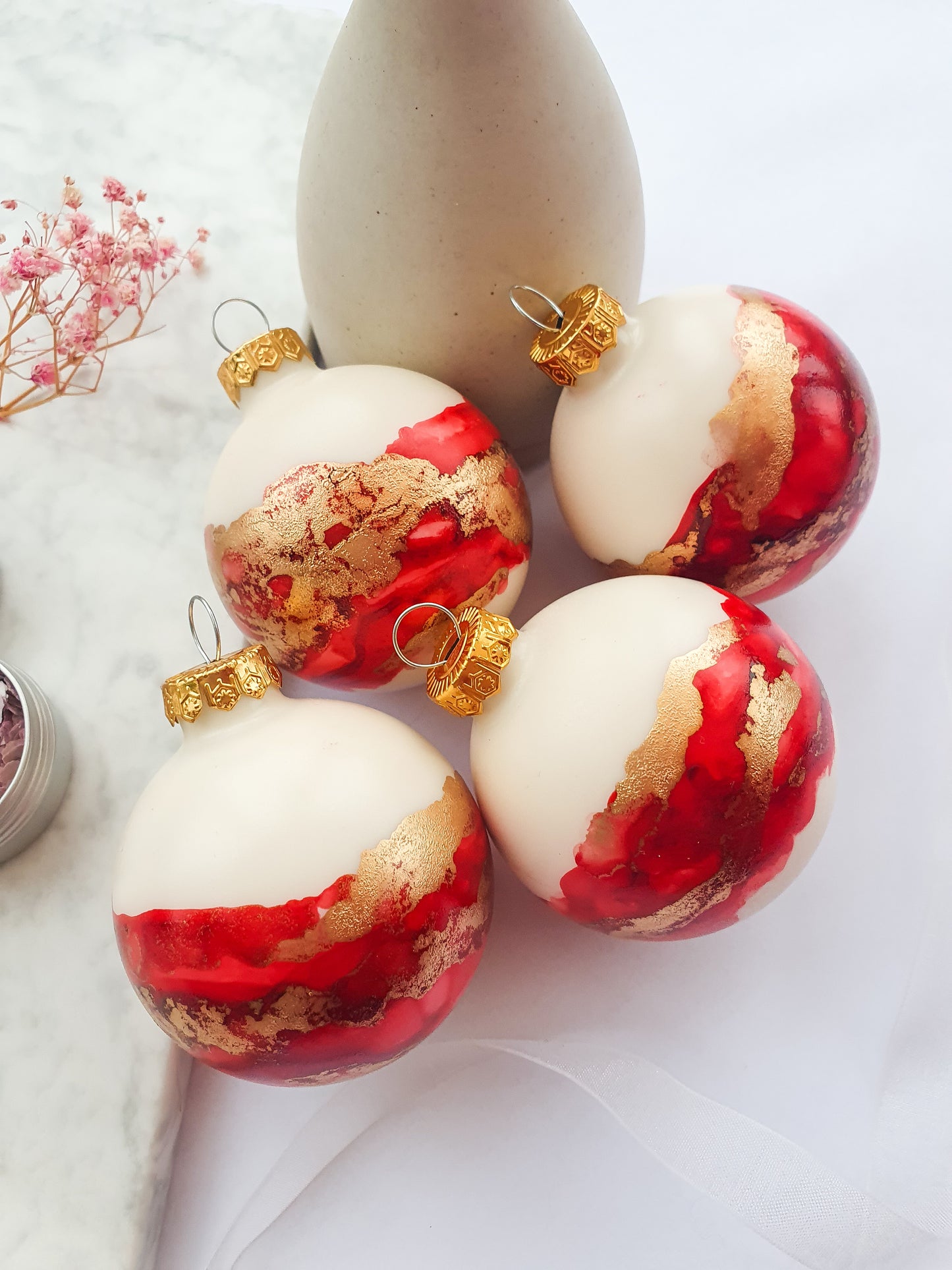 4 Ivory Red & Gold Glass Baubles / Hand Painted With Alcohol Inks