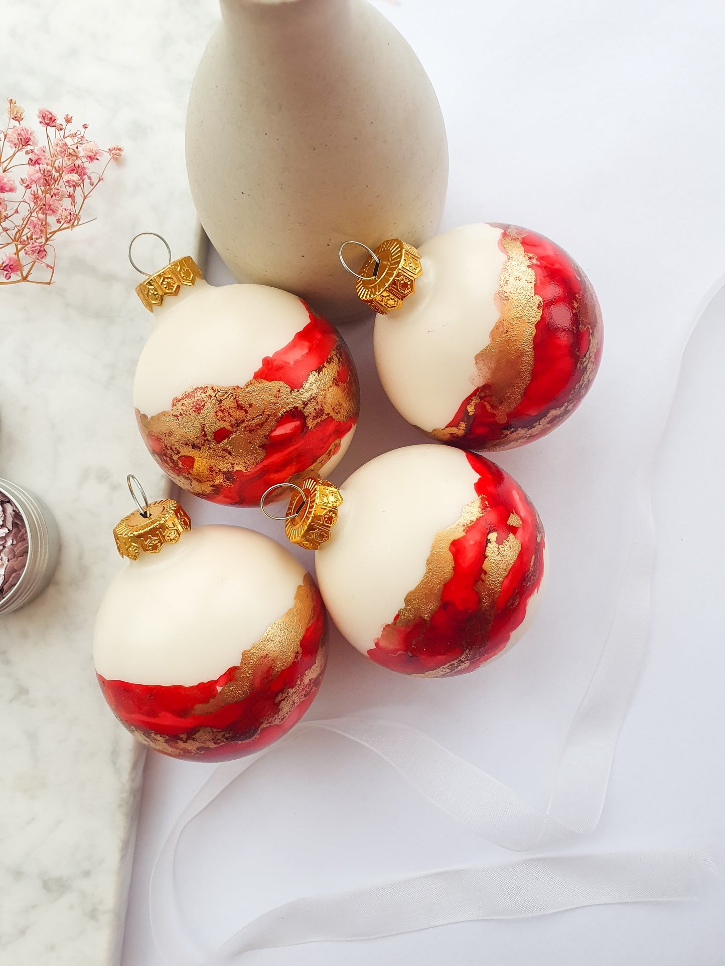 4 Ivory Red & Gold Glass Baubles / Hand Painted With Alcohol Inks