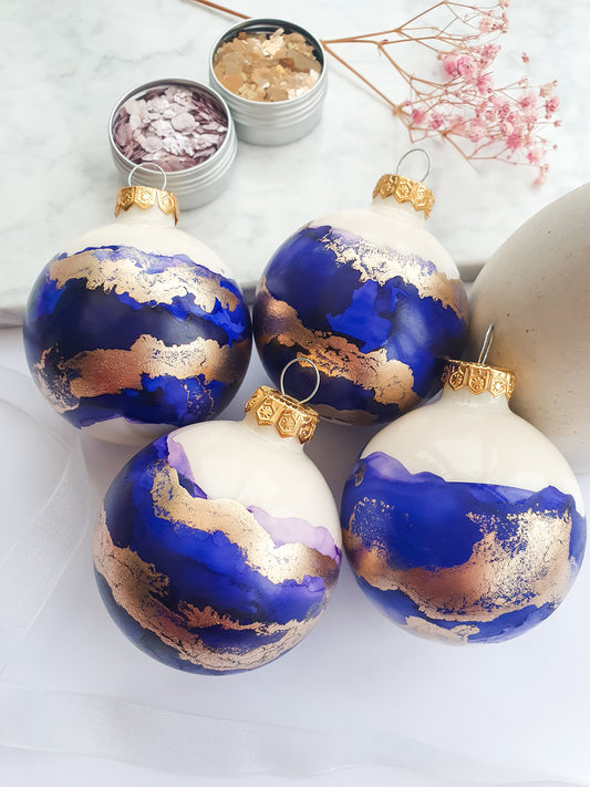 4 Ivory Blue & Gold Glass Baubles / Hand Painted With Alcohol Inks