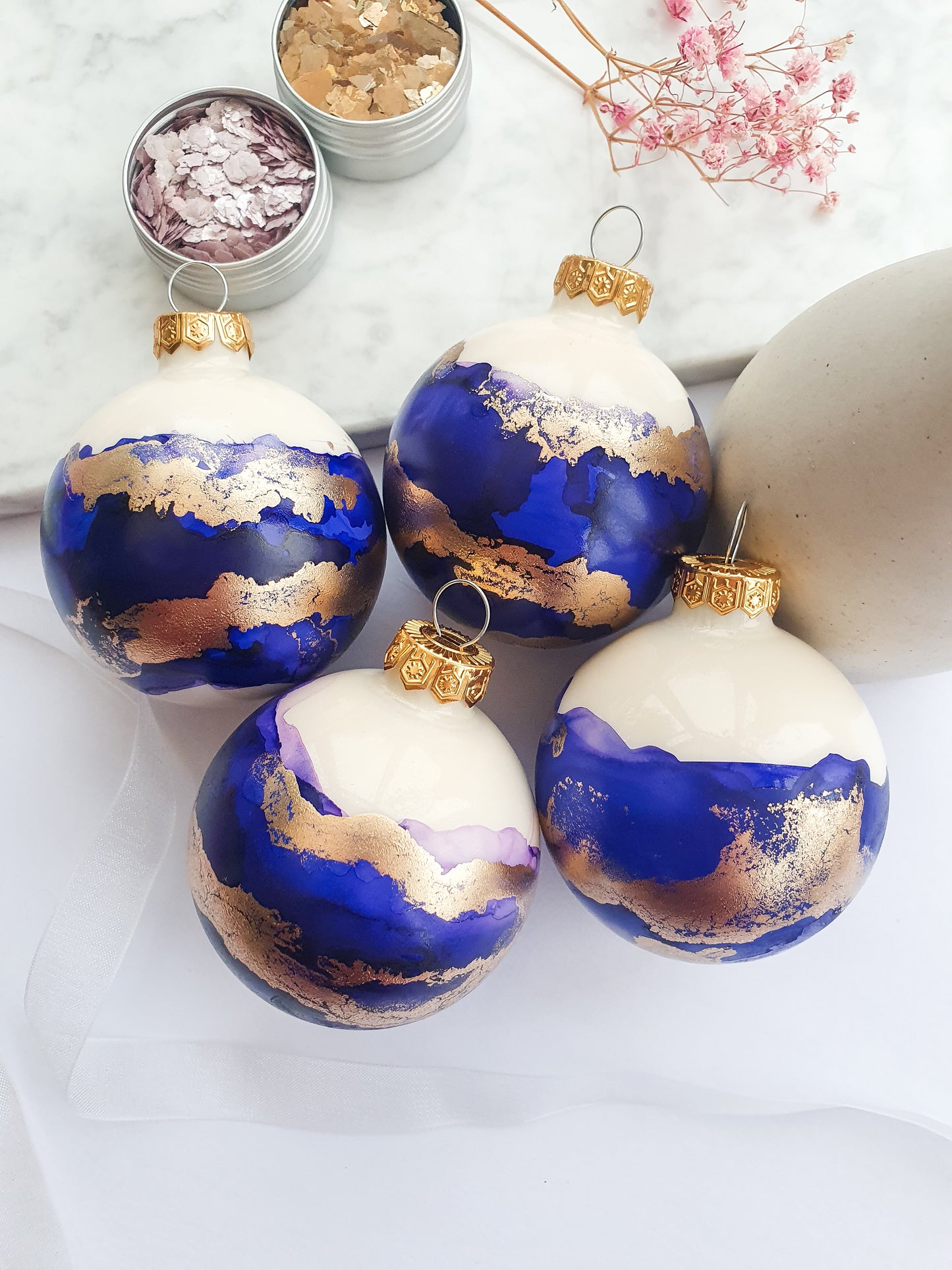 4 Ivory Blue & Gold Glass Baubles / Hand Painted With Alcohol Inks