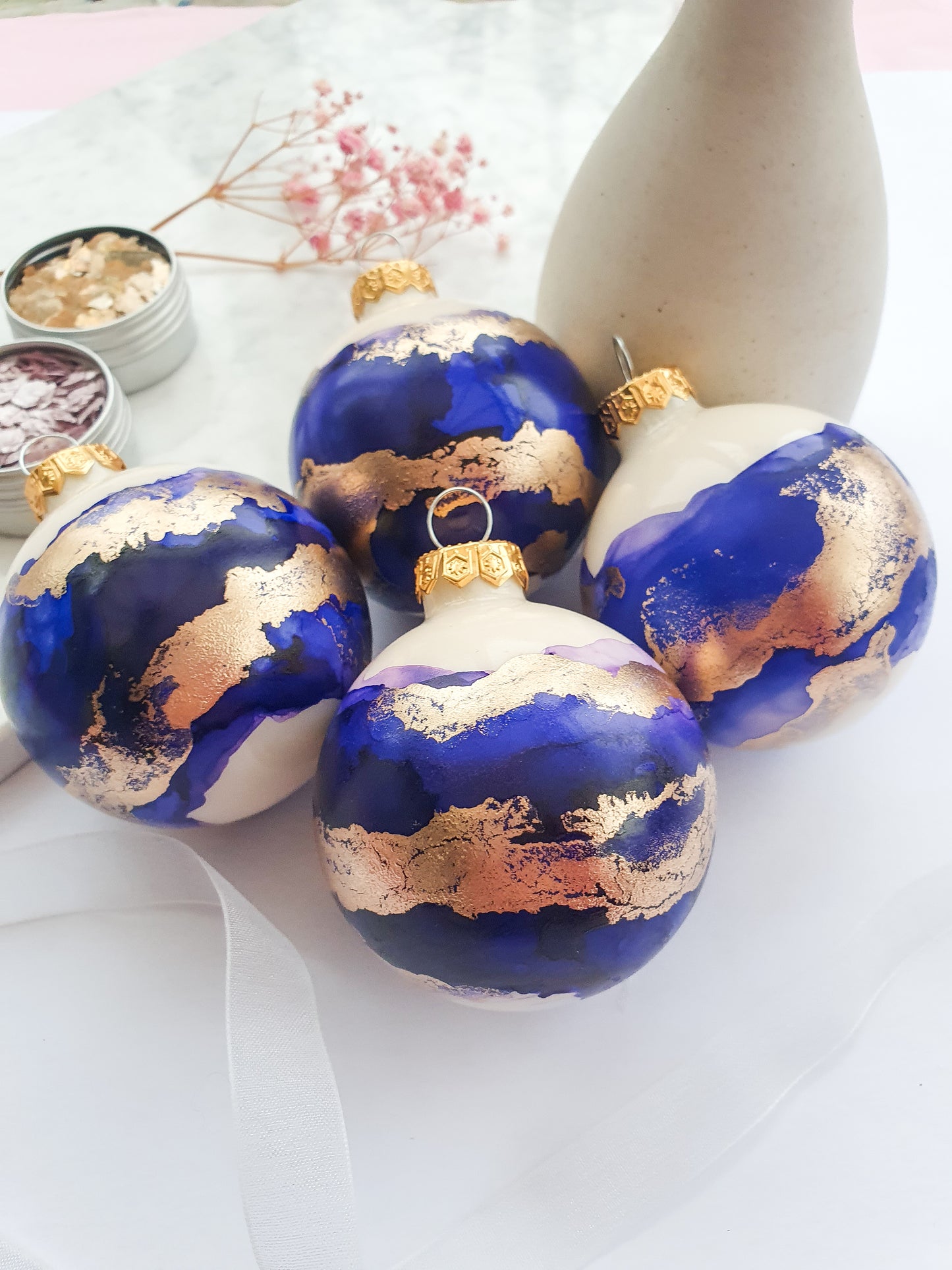 4 Ivory Blue & Gold Glass Baubles / Hand Painted With Alcohol Inks