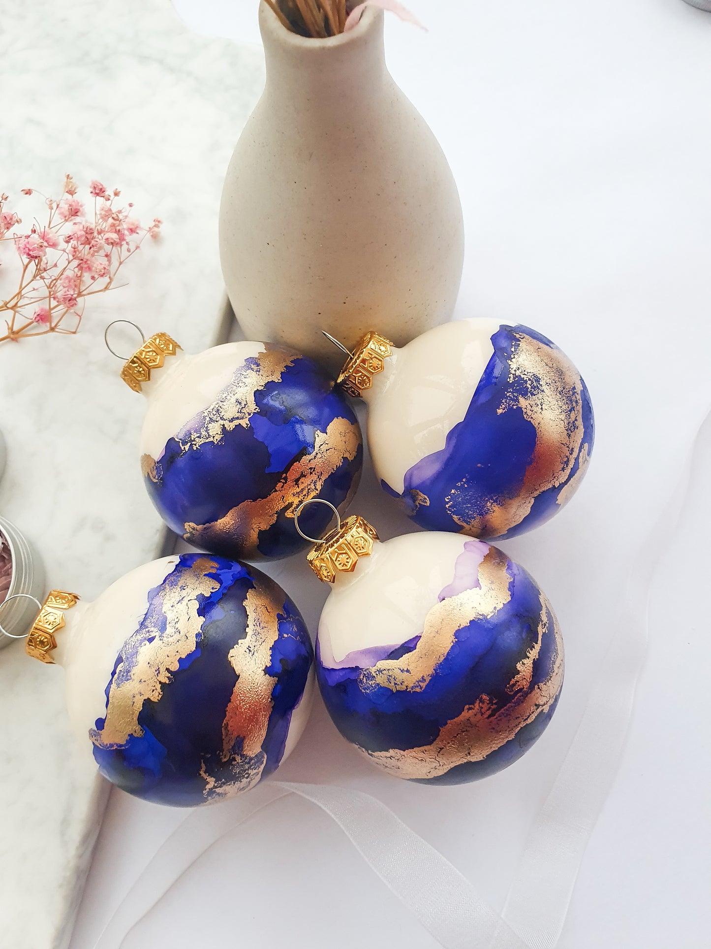 4 Ivory Blue & Gold Glass Baubles / Hand Painted With Alcohol Inks