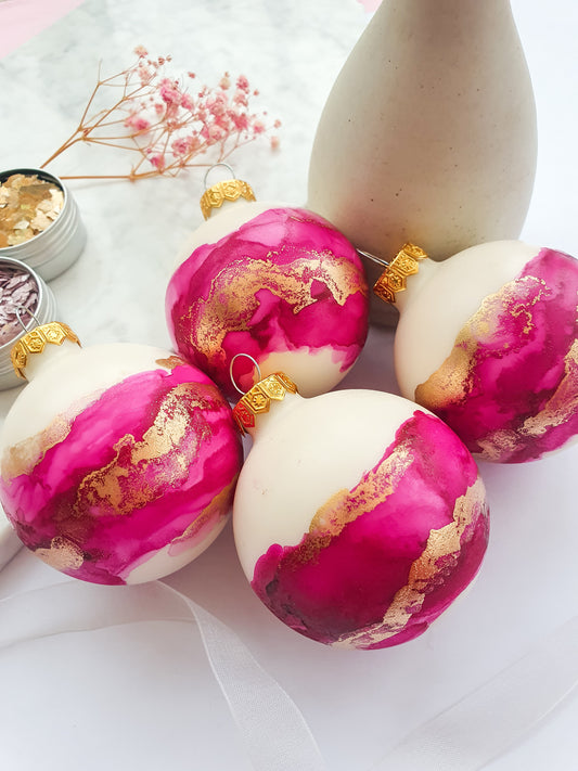 4 Ivory Pink & Gold Glass Baubles / Hand Painted With Alcohol Inks