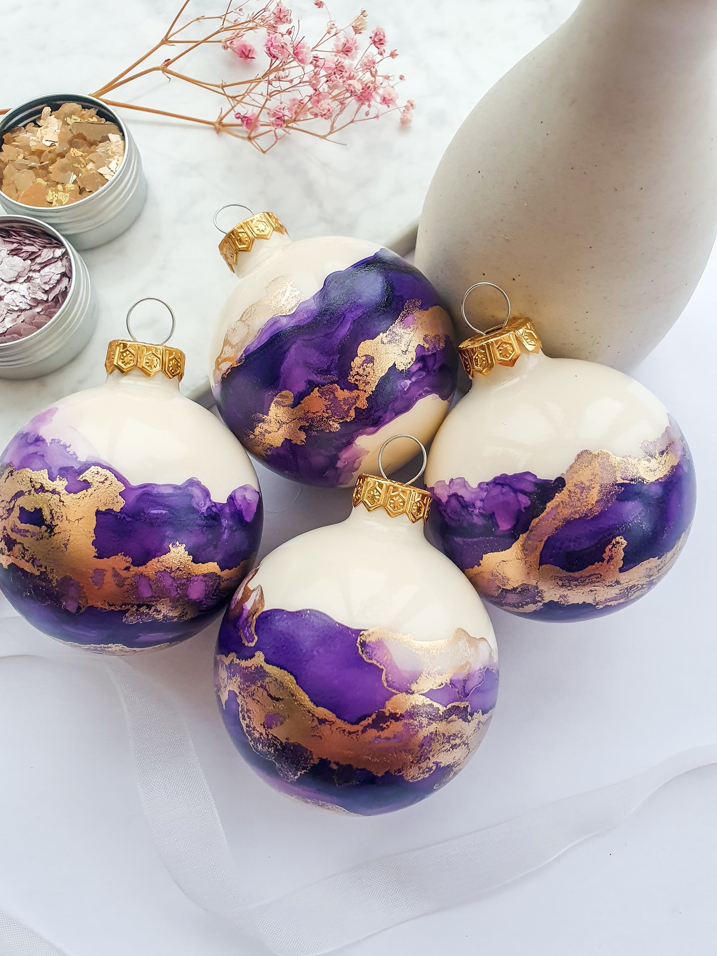 4 Ivory Purple & Gold Glass Baubles / Hand Painted With Alcohol Inks