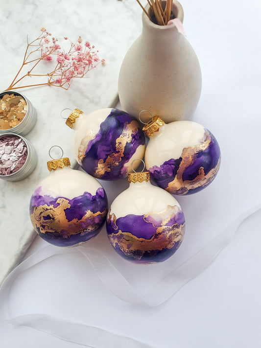 4 Ivory Purple & Gold Glass Baubles / Hand Painted With Alcohol Inks