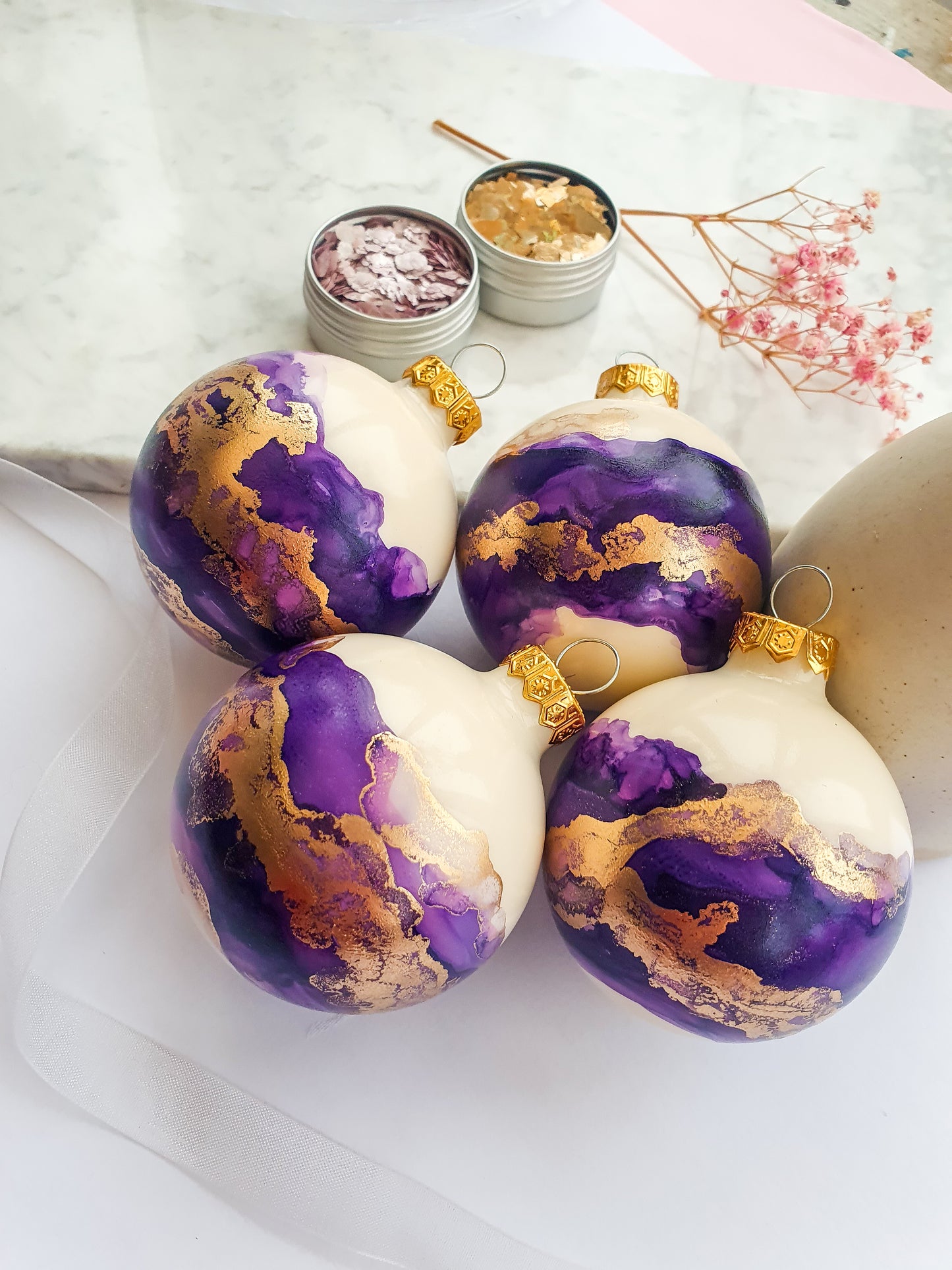 4 Ivory Purple & Gold Glass Baubles / Hand Painted With Alcohol Inks